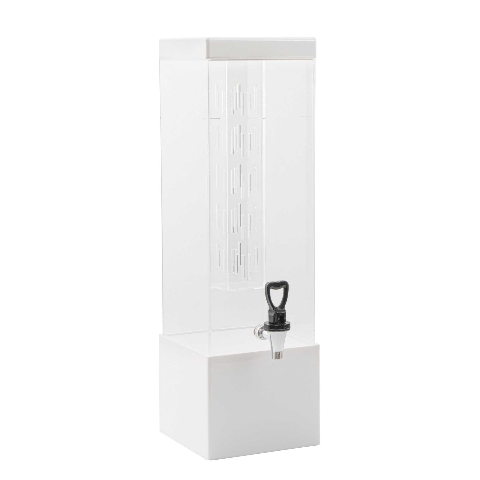 Bev Tek 3 gal Square Clear Acrylic Beverage Dispenser - Infusion Core, White Base - 7 3/4" x 7 3/4" x 25 3/4" - 1 count box