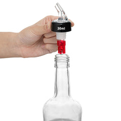 Bar Lux 1 oz Red Plastic Measured Liquor Pourer - with Collar, Clear Spout - 1 1/2