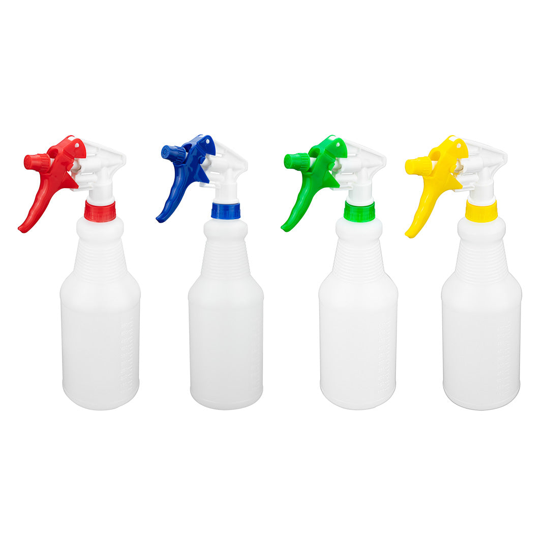 RW Clean Assorted 25 oz Plastic Spray Bottle Set - Includes 4 Bottles, Adjustable Nozzle - 4 count box