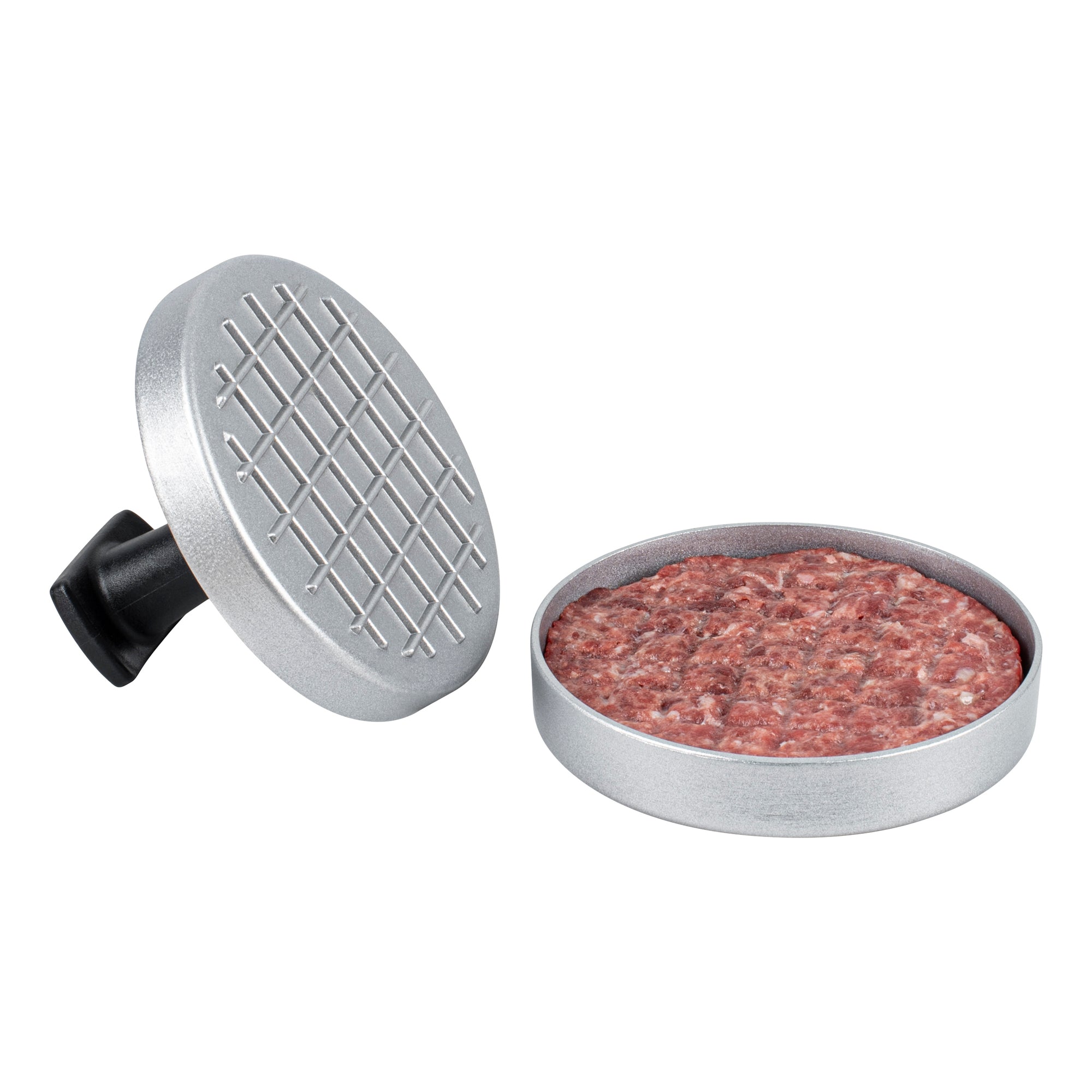 Met Lux Black Aluminum Burger Press - Non-Stick - 4 3/4" x 4 3/4" x 3 1/2" - 1 count box