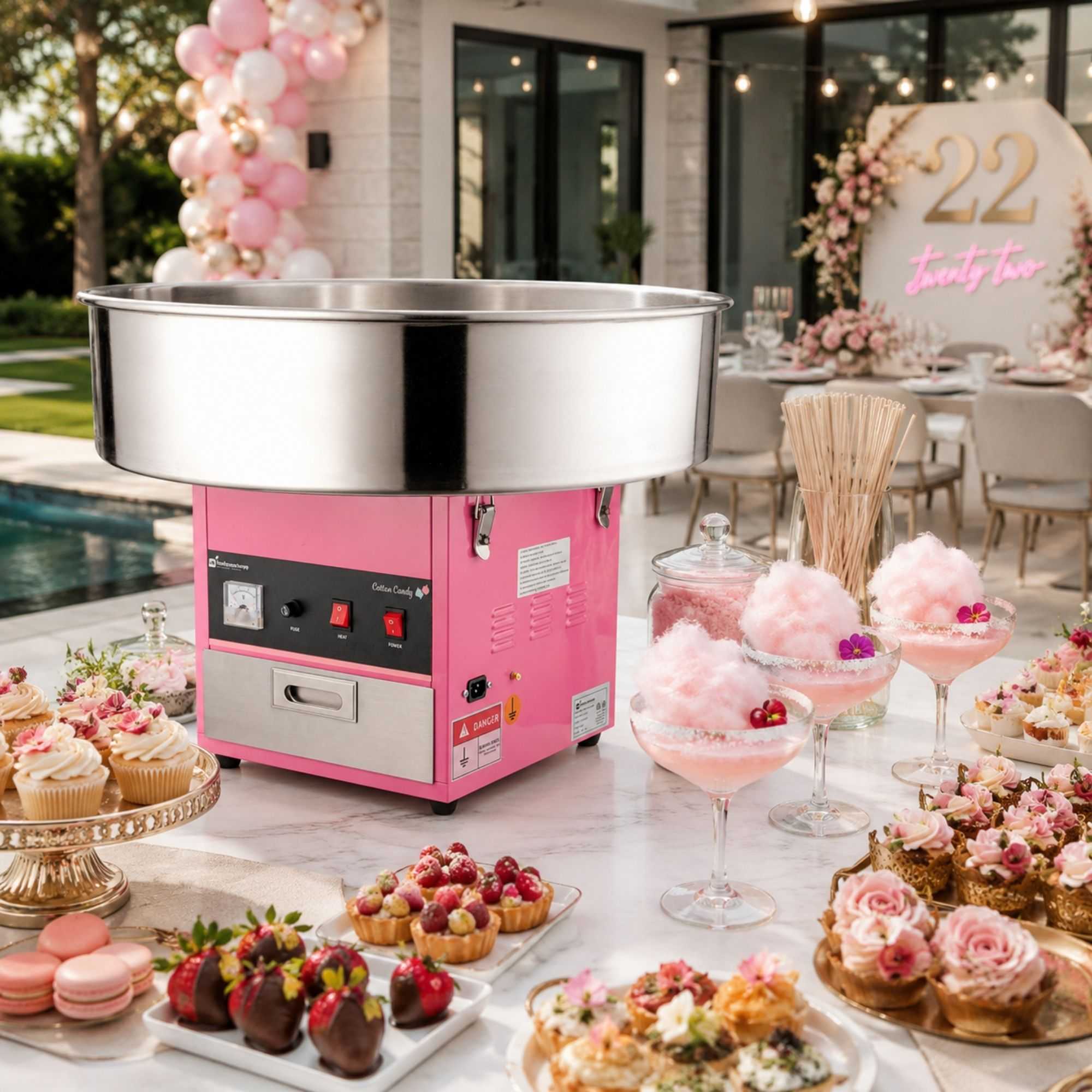 Hi Tek Pink Stainless Steel Cotton Candy / Candy Floss Machine - 1080w, 110V - 28" - 1 count box