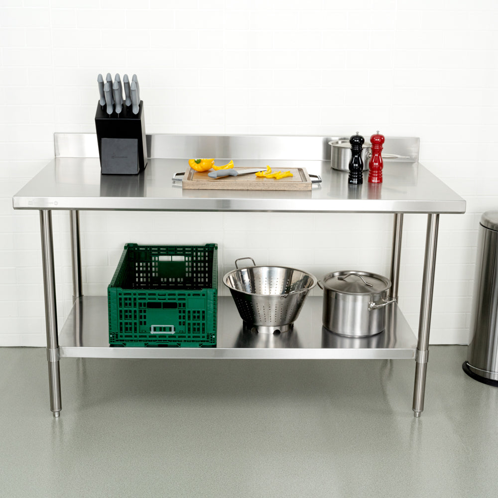 Kitchen Tek 16-Gauge 304 Stainless Steel Commercial Work Table - Medium Duty, 4" Backsplash, Undershelf - 30" x 60" - 1 count box