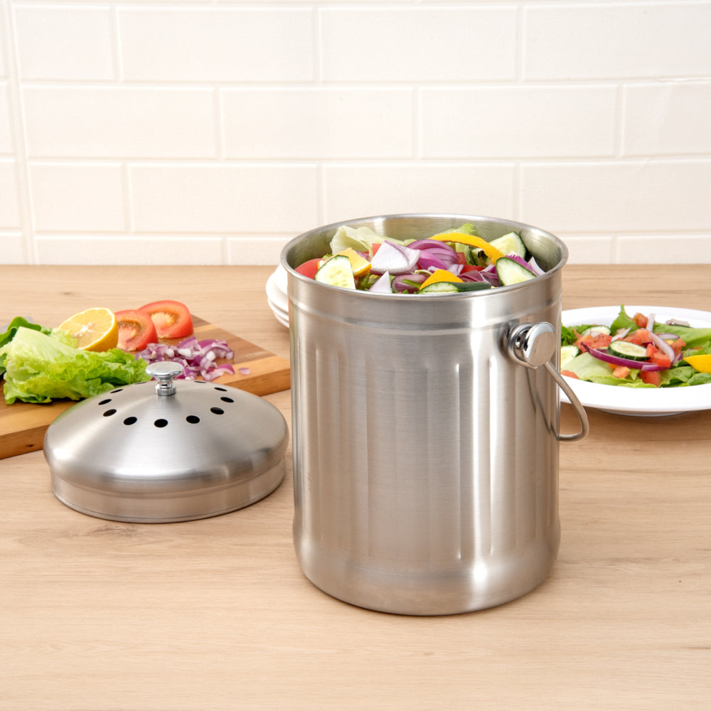 RW Clean 1 gal Stainless Steel Compost Bin - Charcoal Filter - 7 1/4" x 7 1/4" x 11" - 1 count box