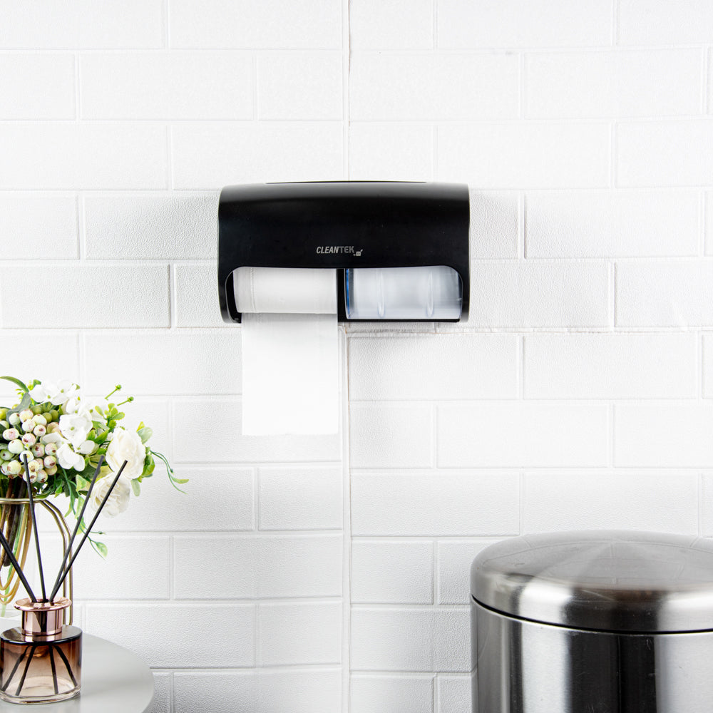 Clean Tek Professional Black Plastic Standard Toilet Paper Dispenser - Double Roll - 10 1/2" x 6 1/4" x 6 1/4" - 1 count box