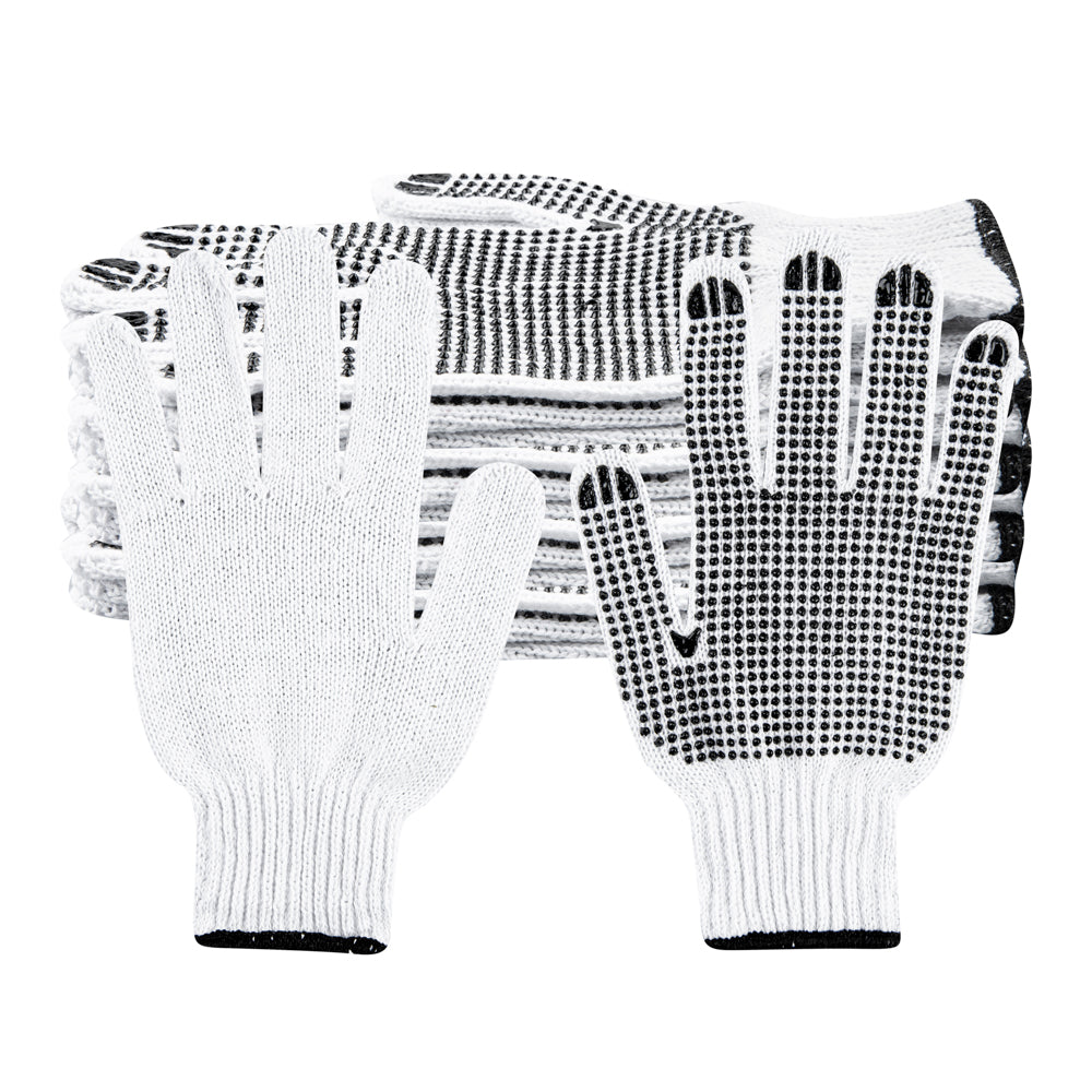 Chef 101 White Poly-Cotton Large Work Gloves - with Black PVC Dots - 10" x 6" - Pair - 6 count box