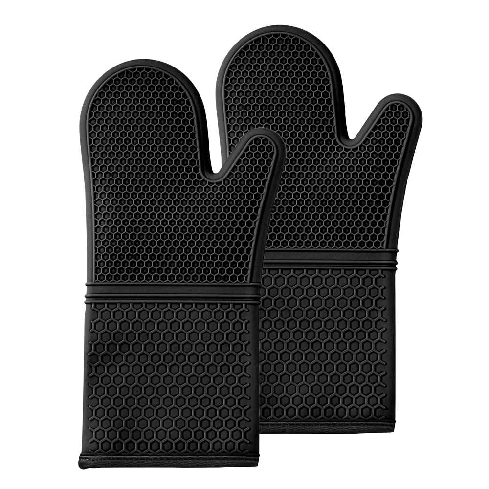 Comfy Grip Black Silicone 2-Piece Oven Mitt Set - Heat-Resistant - 14" x 7 1/4" x 1 1/2" - 36 count box