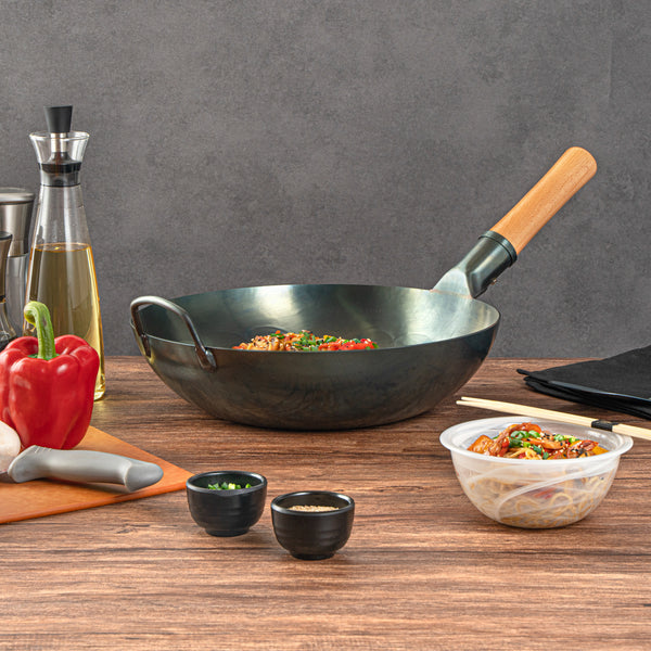 Carbon Steel Flat Bottom Wok With Wooden Handle - Chinese Stir Fry Pan For Gas/Electric Hob