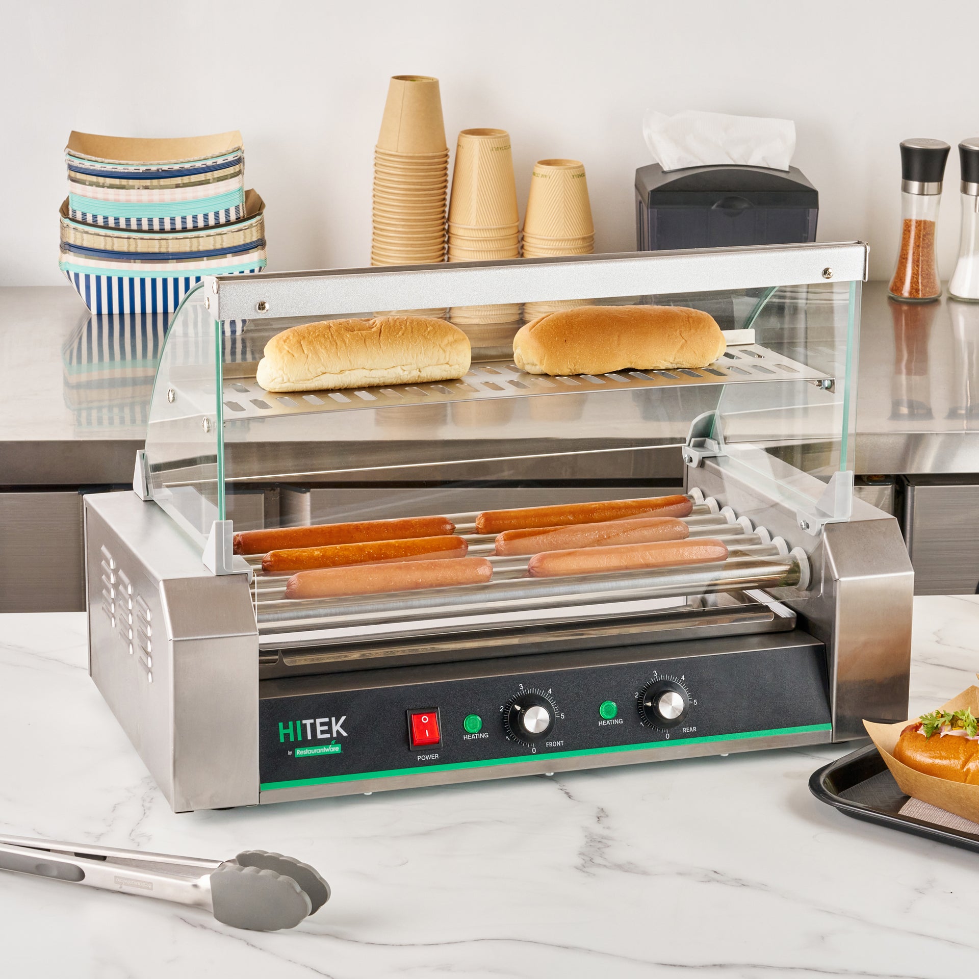 Hi Tek Stainless Steel Hot Dog Roller Grill Warmer - Fits 18 Hot Dogs and 4 Buns, Sneeze Guard - 1 count box