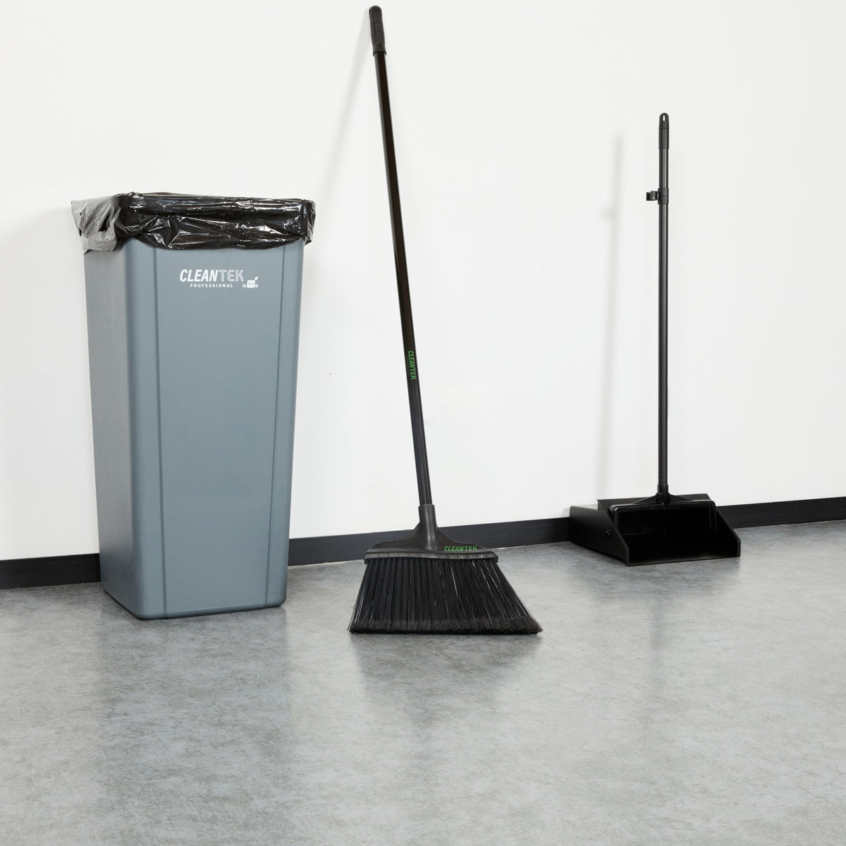 Clean Tek Professional 13 3/4" Black Plastic Wide Angled Broom - with Flagged Bristles, 48" Steel Handle - 1 count box