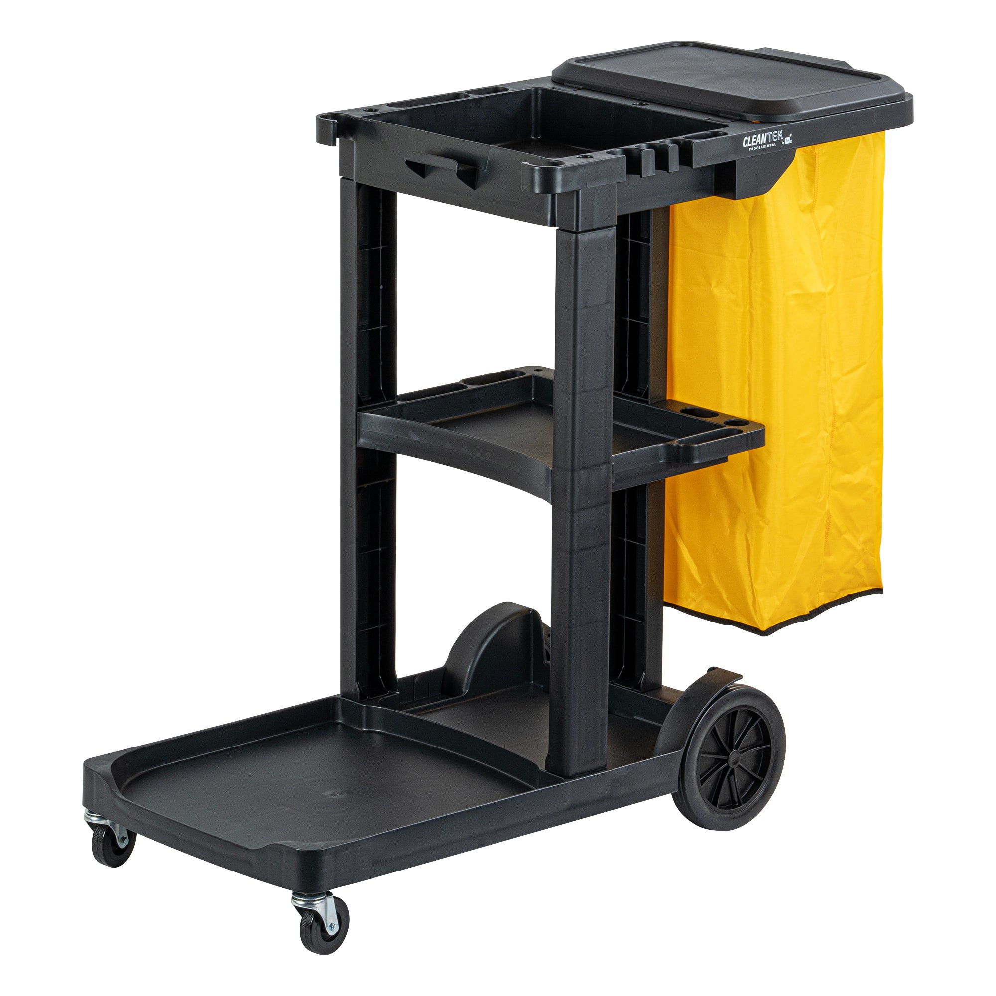 Clean Tek Professional Black 3-Shelf Janitor Cart - 18 gal Bag, Lid ...