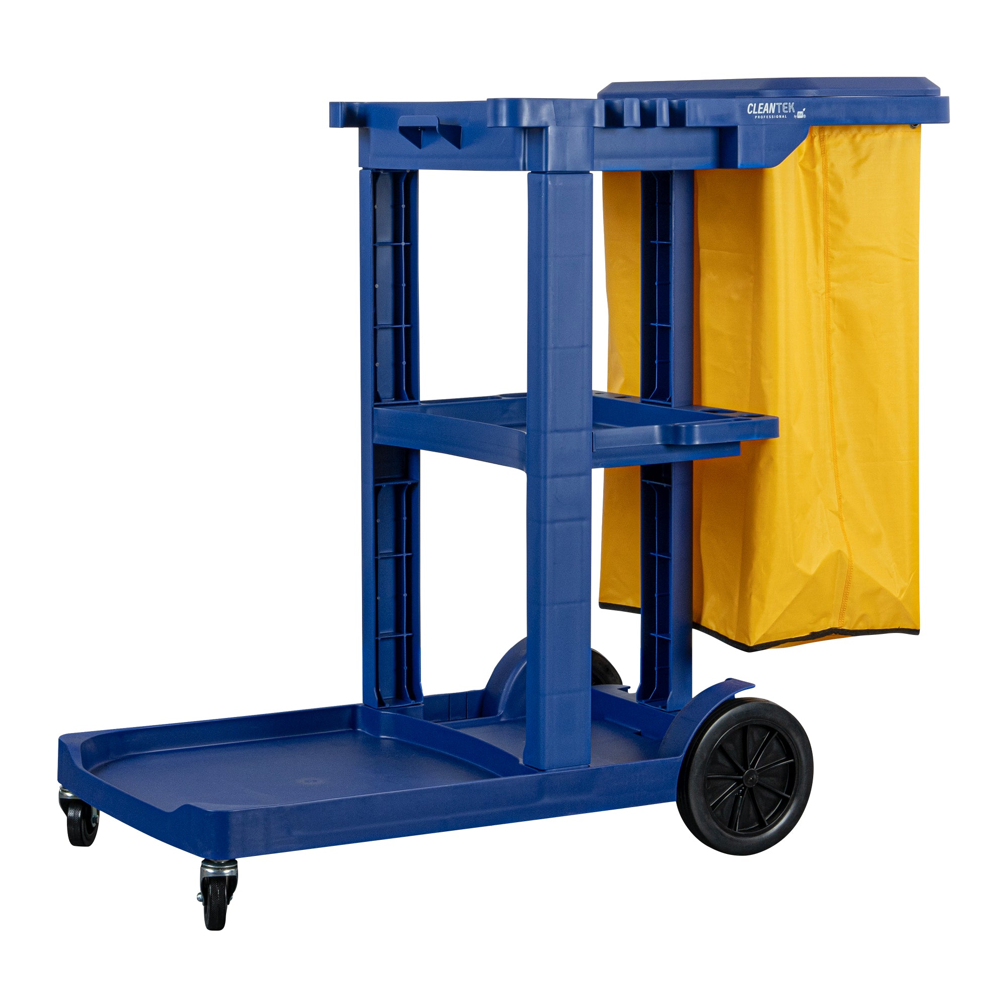 Clean Tek Professional Blue 3-Shelf Janitor Cart - 18 gal Bag, Lid - 44 ...