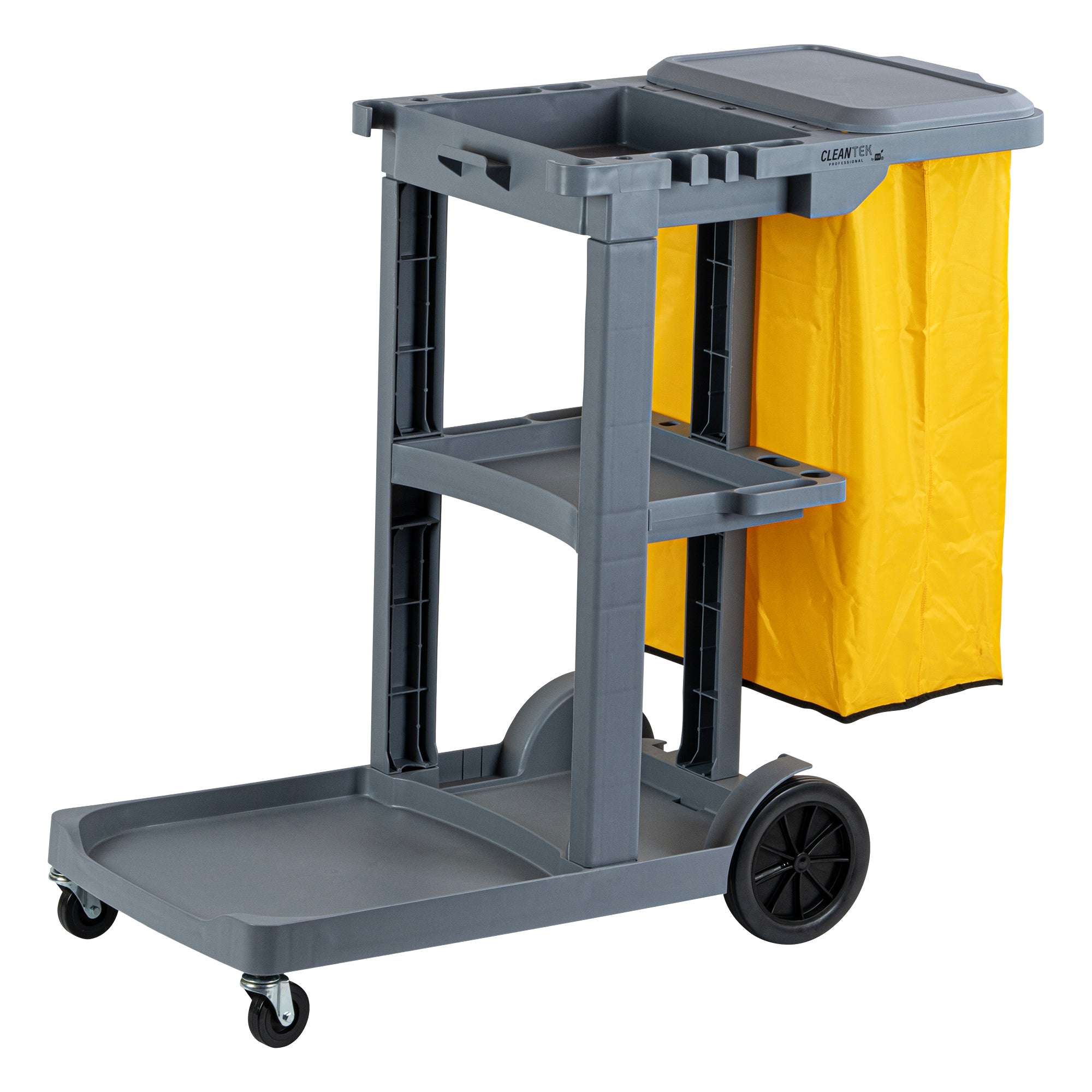 Clean Tek Professional Gray 3-Shelf Janitor Cart - 18 gal Bag, Lid - 44 ...
