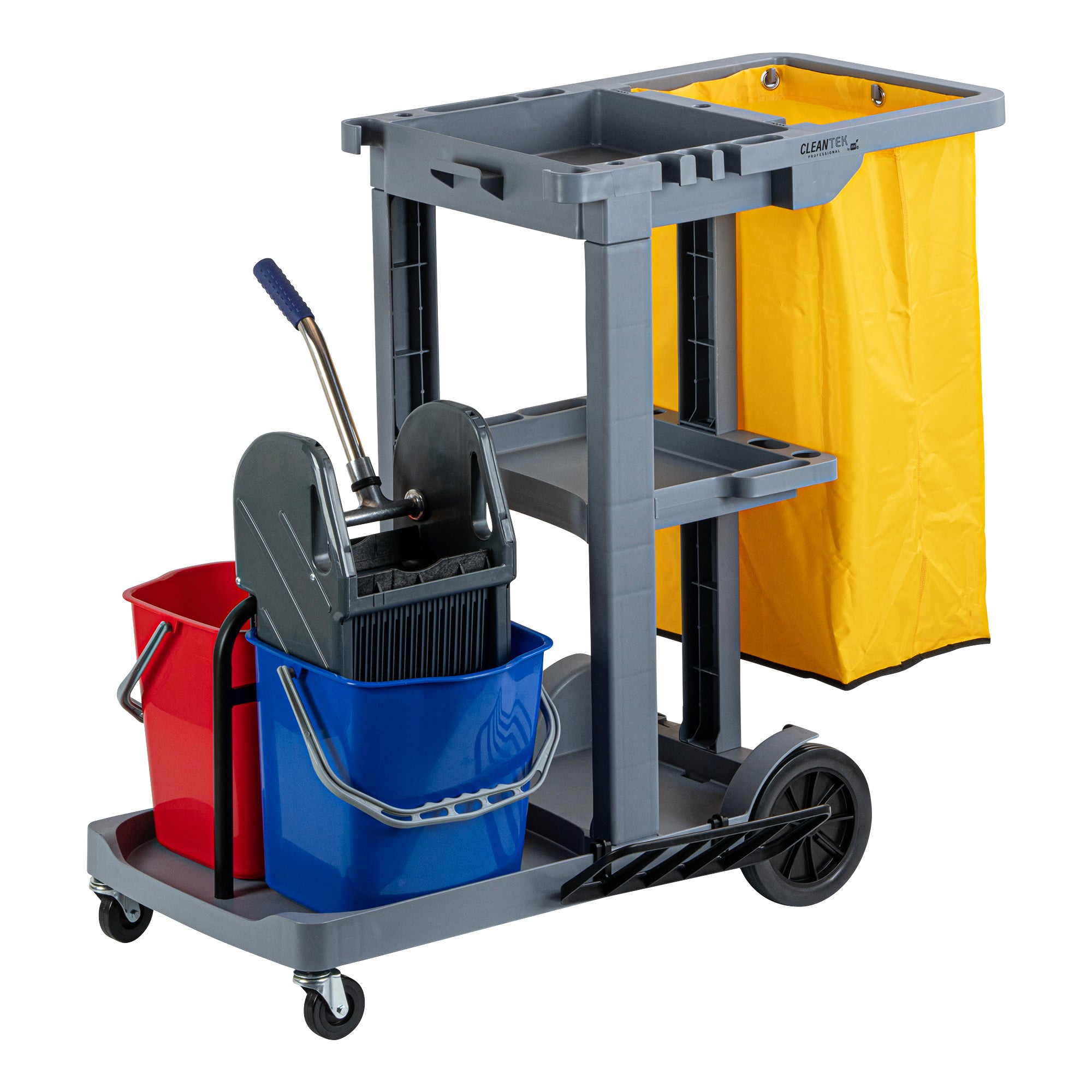 Clean Tek Professional Gray 3-Shelf Janitor Cart - 18 gal Bag, 2 ...