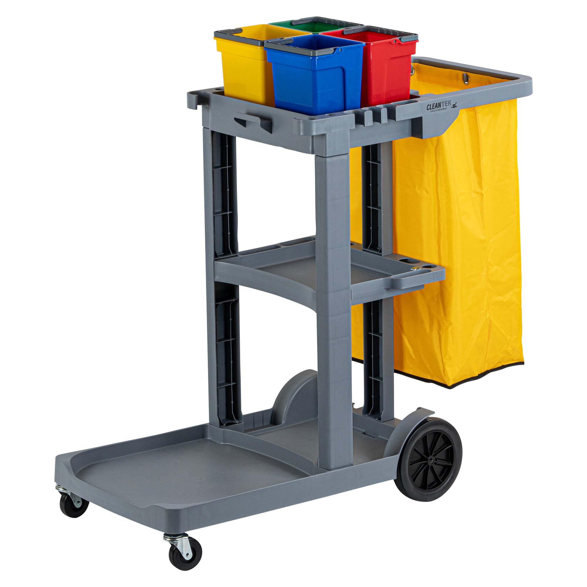 Clean Tek Professional Gray 3-Shelf Janitor Cart - 18 gal Bag, 4 ...