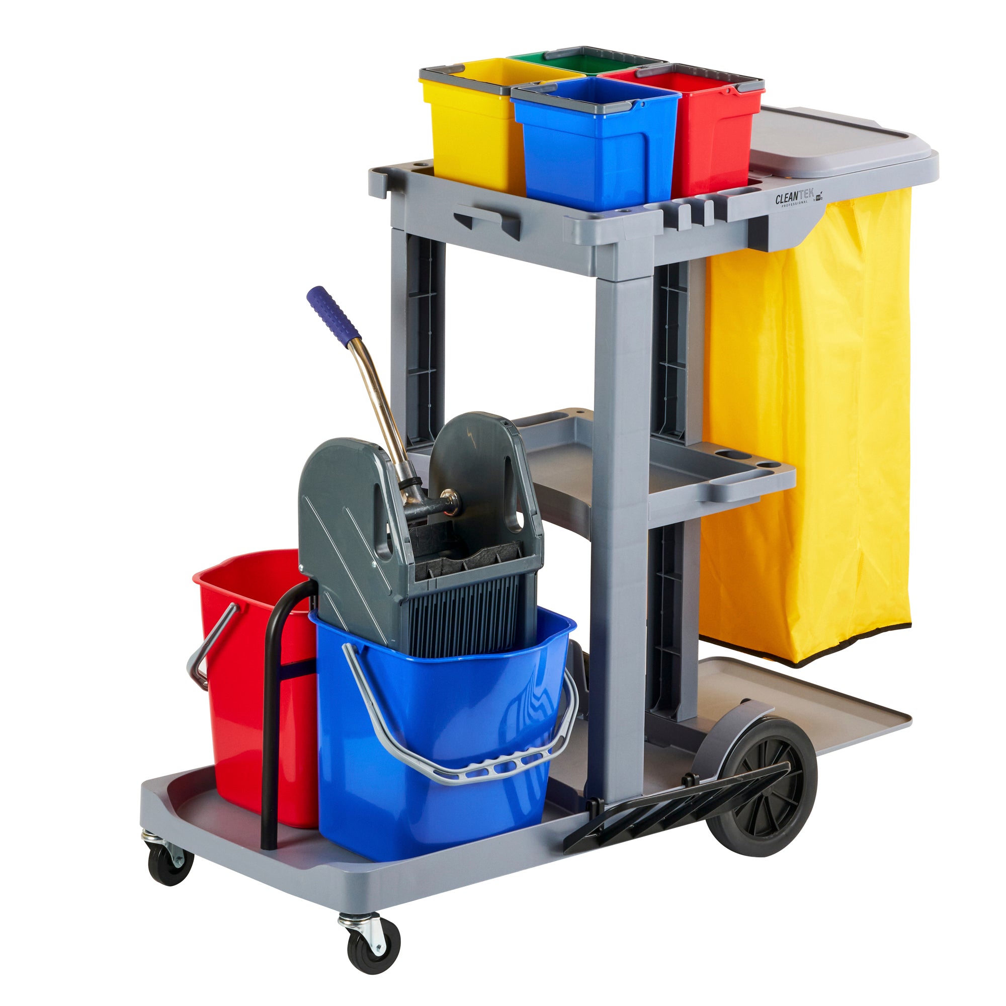 Clean Tek Professional Gray 3-Shelf Janitor Cart - 18 gal Bag, Lid, 6 ...
