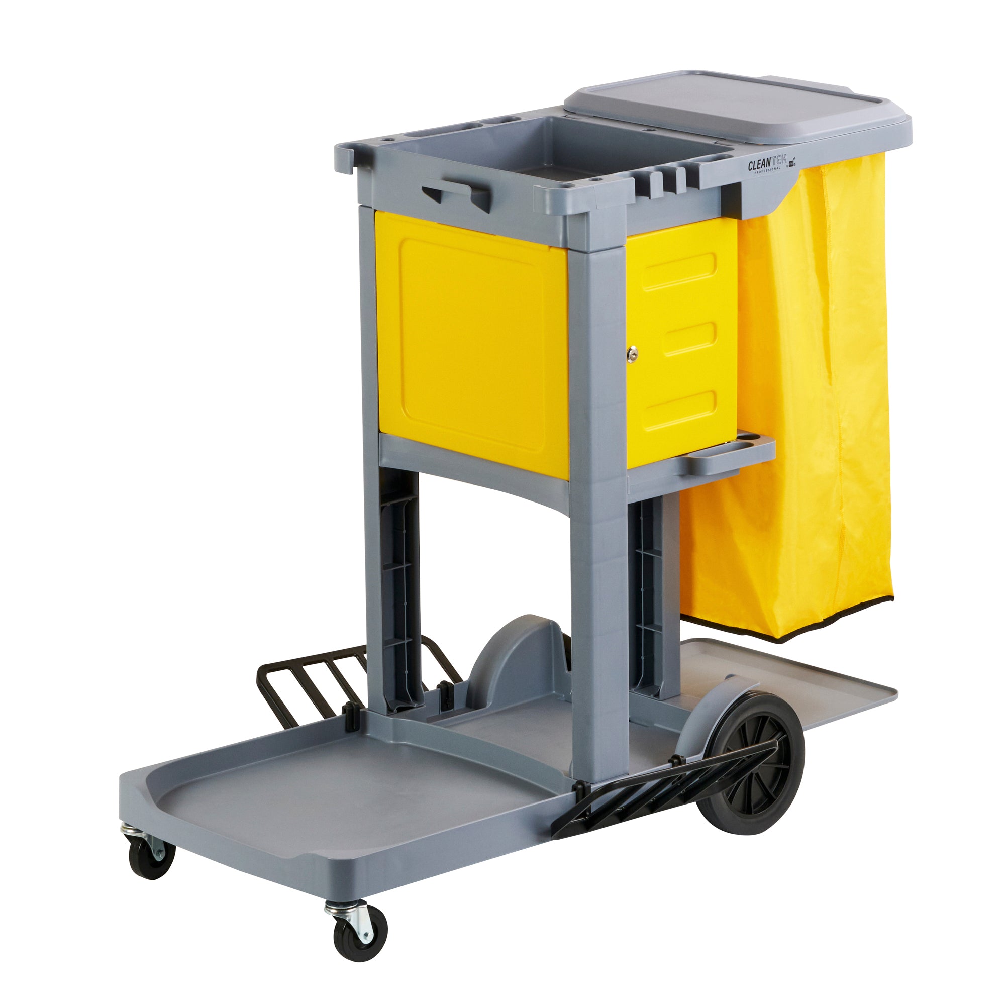 Clean Tek Professional Gray 3-Shelf Janitor Cart - 18 gal Bag, Lid ...