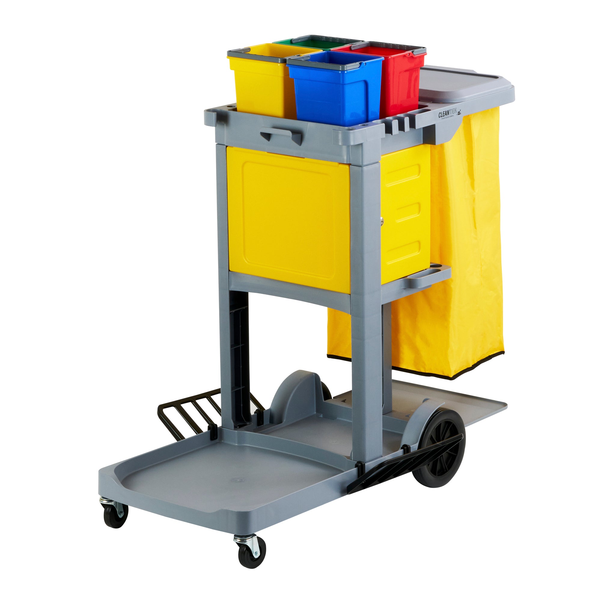 Clean Tek Professional Gray 3-Shelf Janitor Cart - 18 gal Bag, Lid, 4 ...