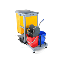 Clean Tek Professional Gray 3-Shelf Janitor Cart - 18 gal Bag, Lid, 2 Buckets, 1 Wringer, 1 Locking Cabinet - 44