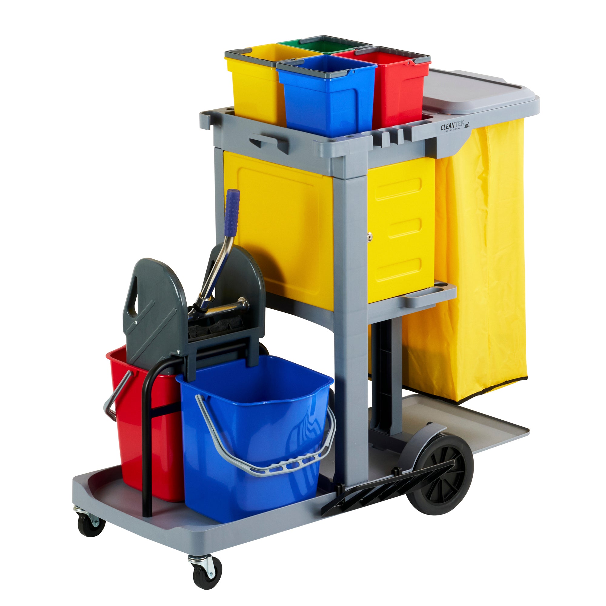 Clean Tek Professional Gray 3-Shelf Janitor Cart - 18 gal Bag,Lid, 6 ...