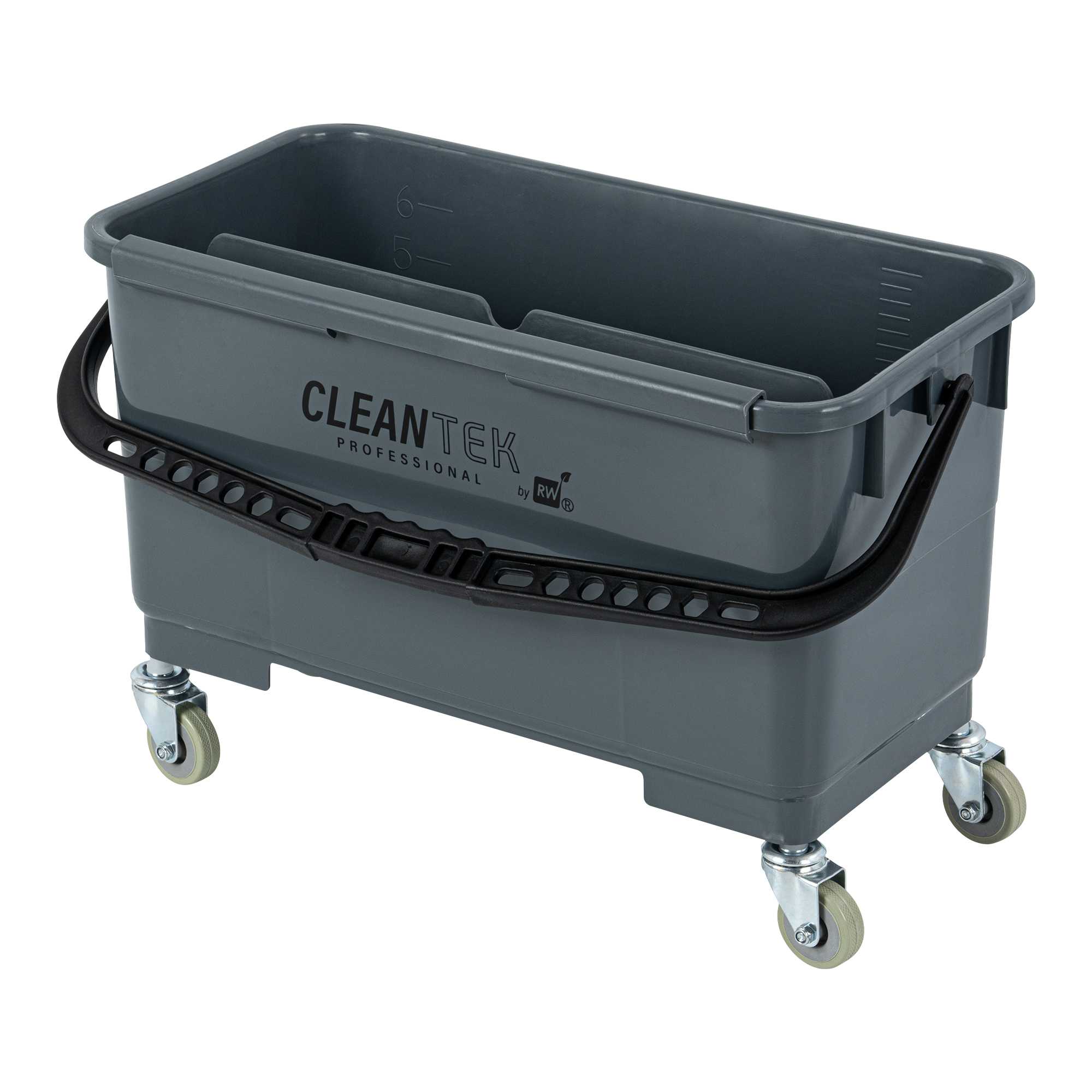 Clean Tek Professional 25 Qt Gray Bucket - with Wheels, U-Shaped Sieve - 22" x 11 1/2" x 13 1/2" - 5 count box