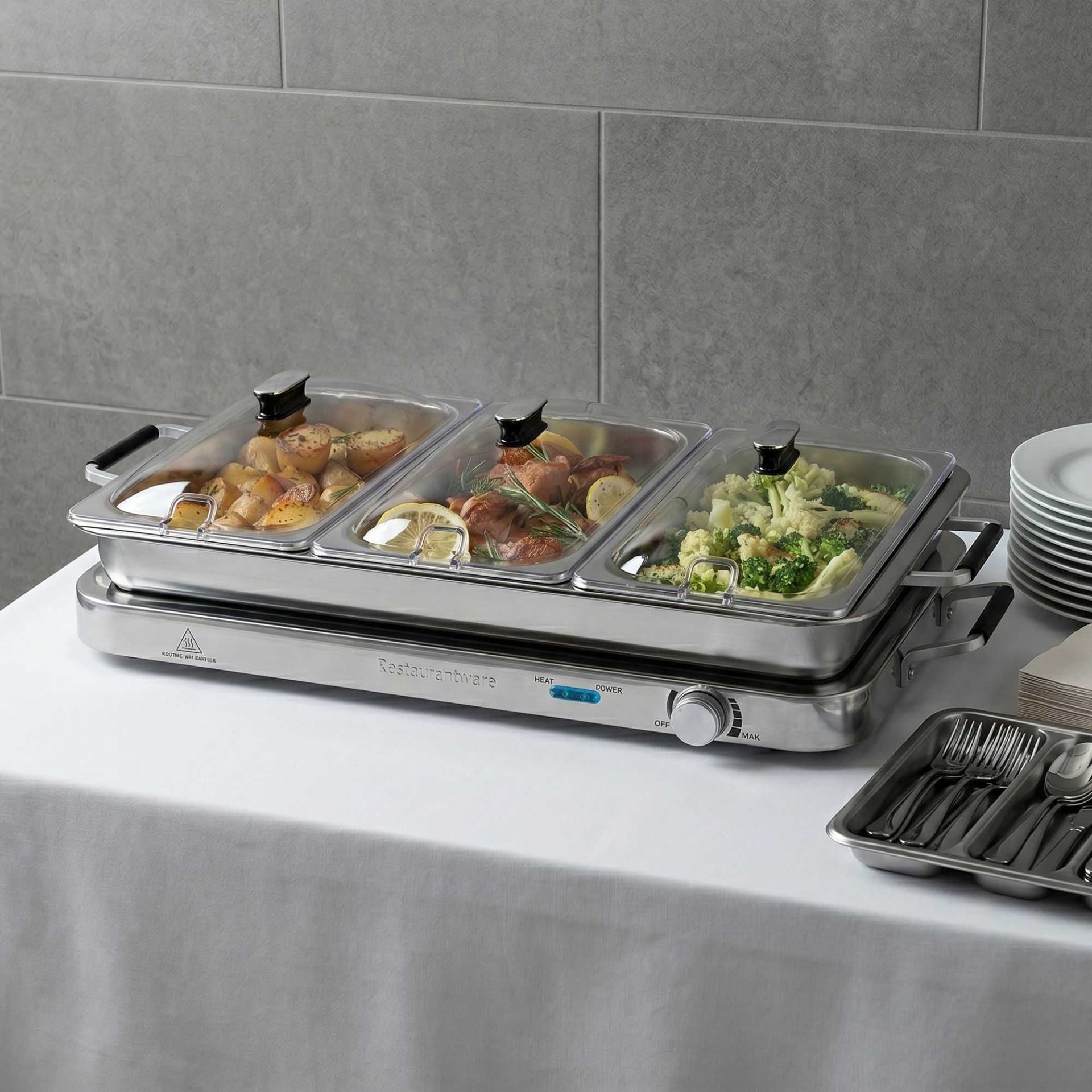 Kitchen Tek Stainless Steel Buffet Server and Food Warmer - 120V, with (3) 2.5 Qt Buffet Pans and (1) 7.5 Qt Warming Tray - 1 count box