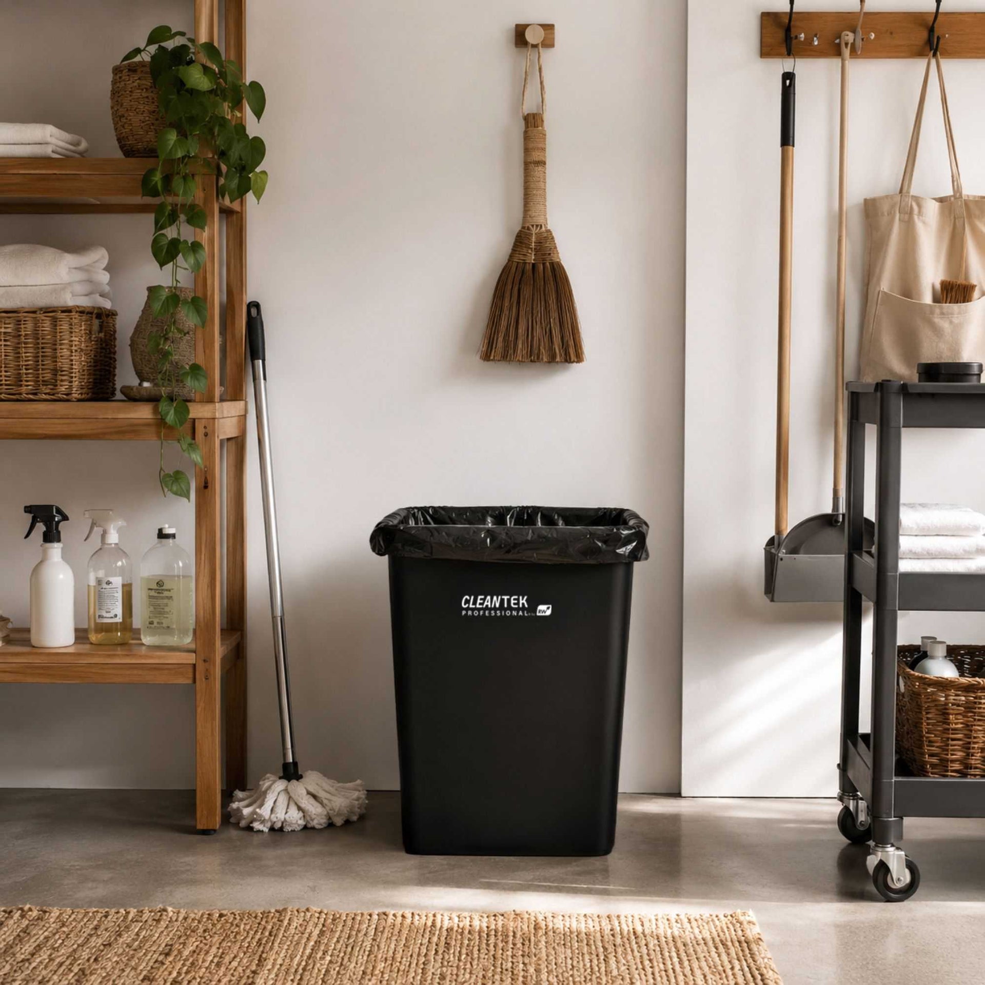 Clean Tek Professional 35 gal Square Black Plastic Trash Can - 19 1/2" x 19 1/2" x 27 3/4" - 1 count box