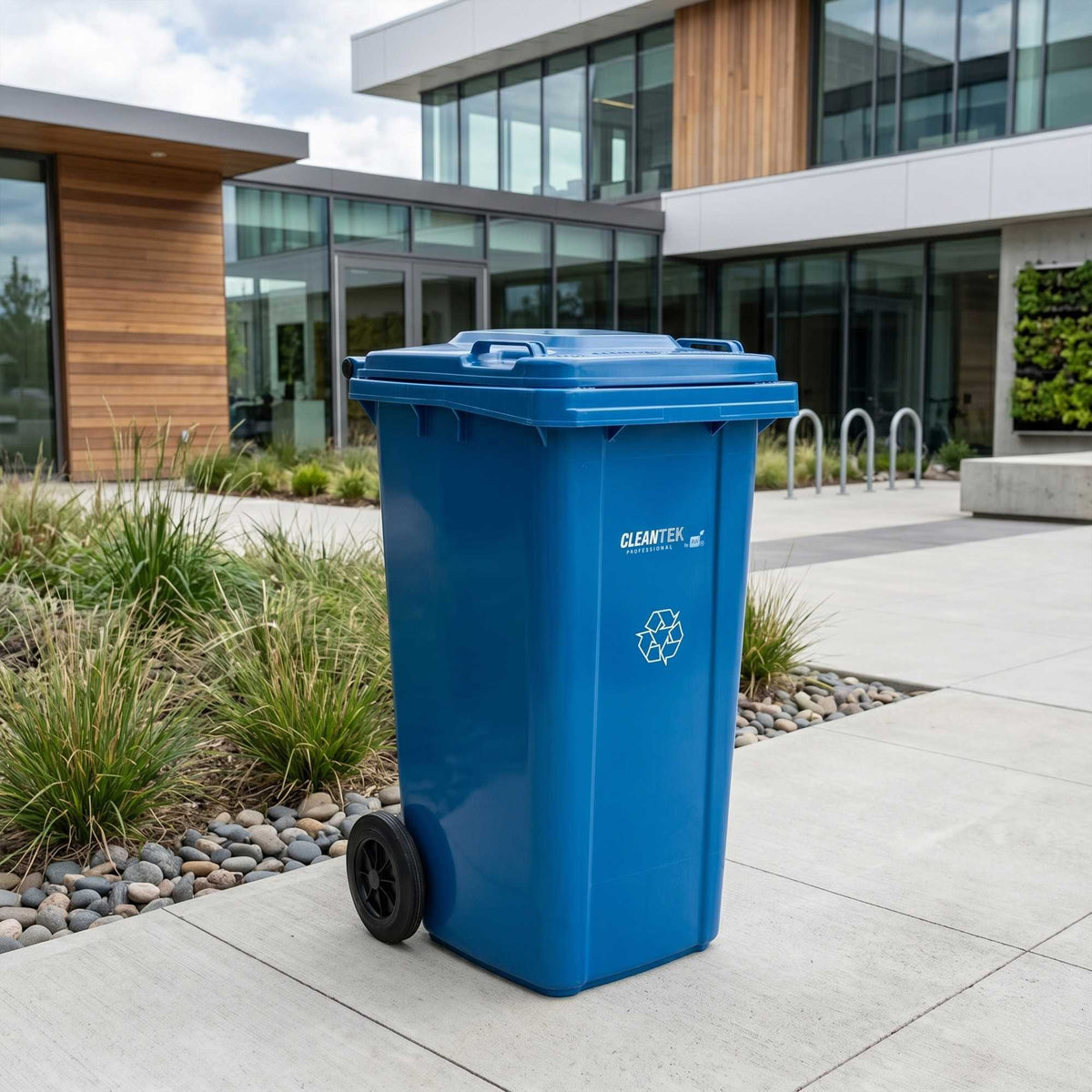 Clean Tek Professional 32 gal Rectangle Blue Plastic Wheeled Recycling Bin - with Lid - 22 1/2" x 19" x 37 1/2" - 1 count box