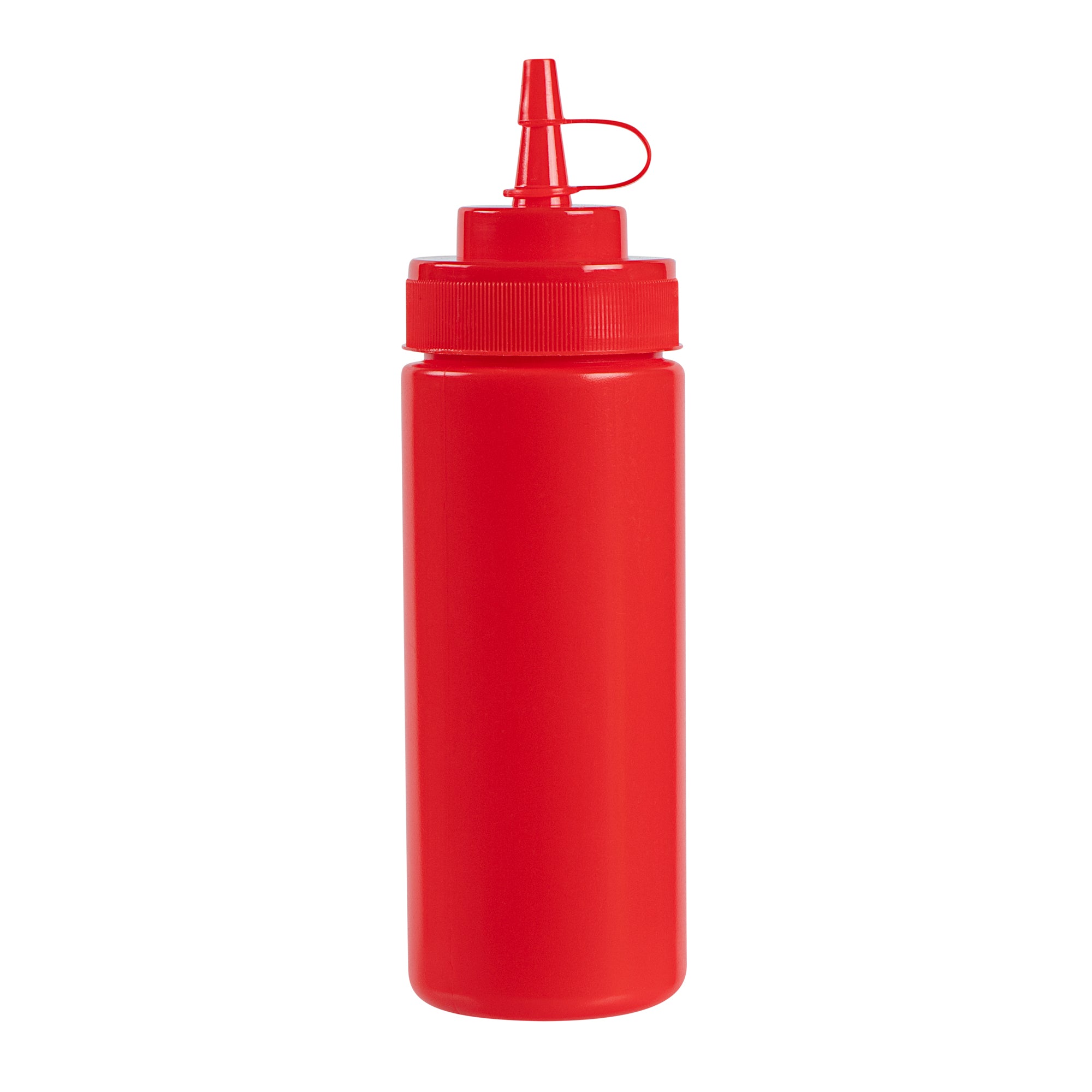 Sauce Tek 12 oz Red Plastic Squeeze Bottle - with Cap, Wide Mouth - 2 1/4" x 2 1/4" x 7 3/4" - 1 count box