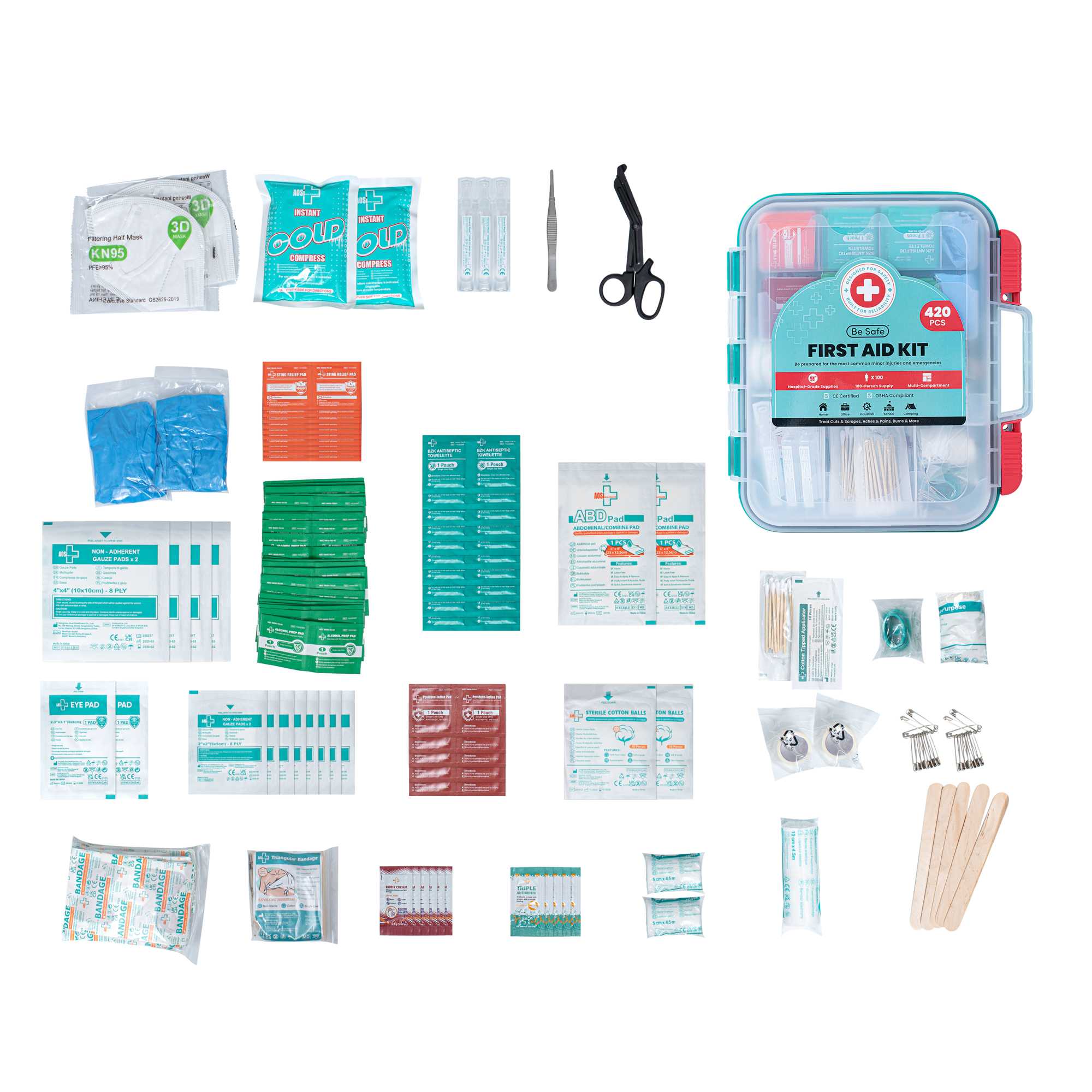 Be Safe 100-Person Class A First Aid Kit - 420 Piece, Wall Mountable - 1 count box