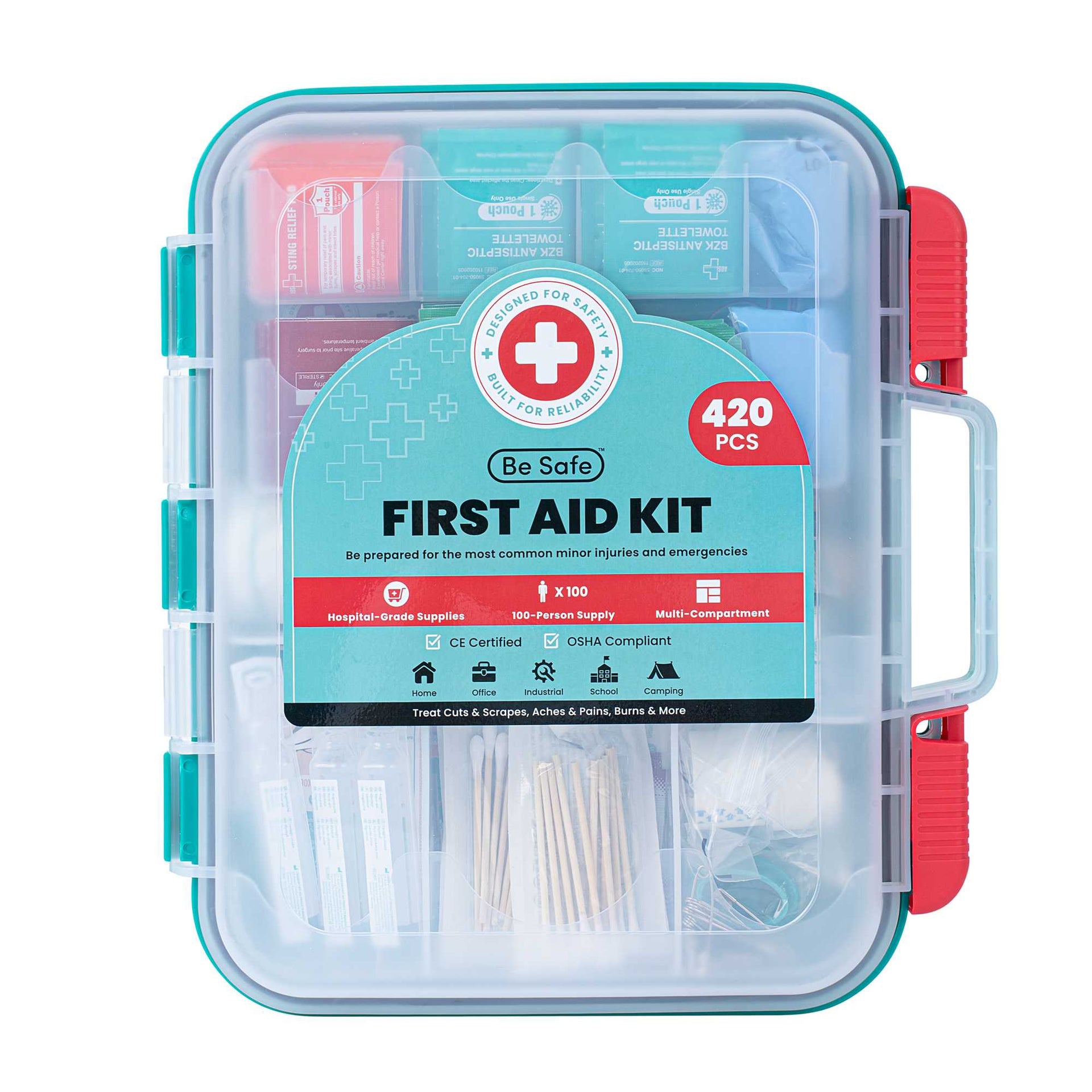 Be Safe 100-Person Class A First Aid Kit - 420 Piece, Wall Mountable - 1 count box