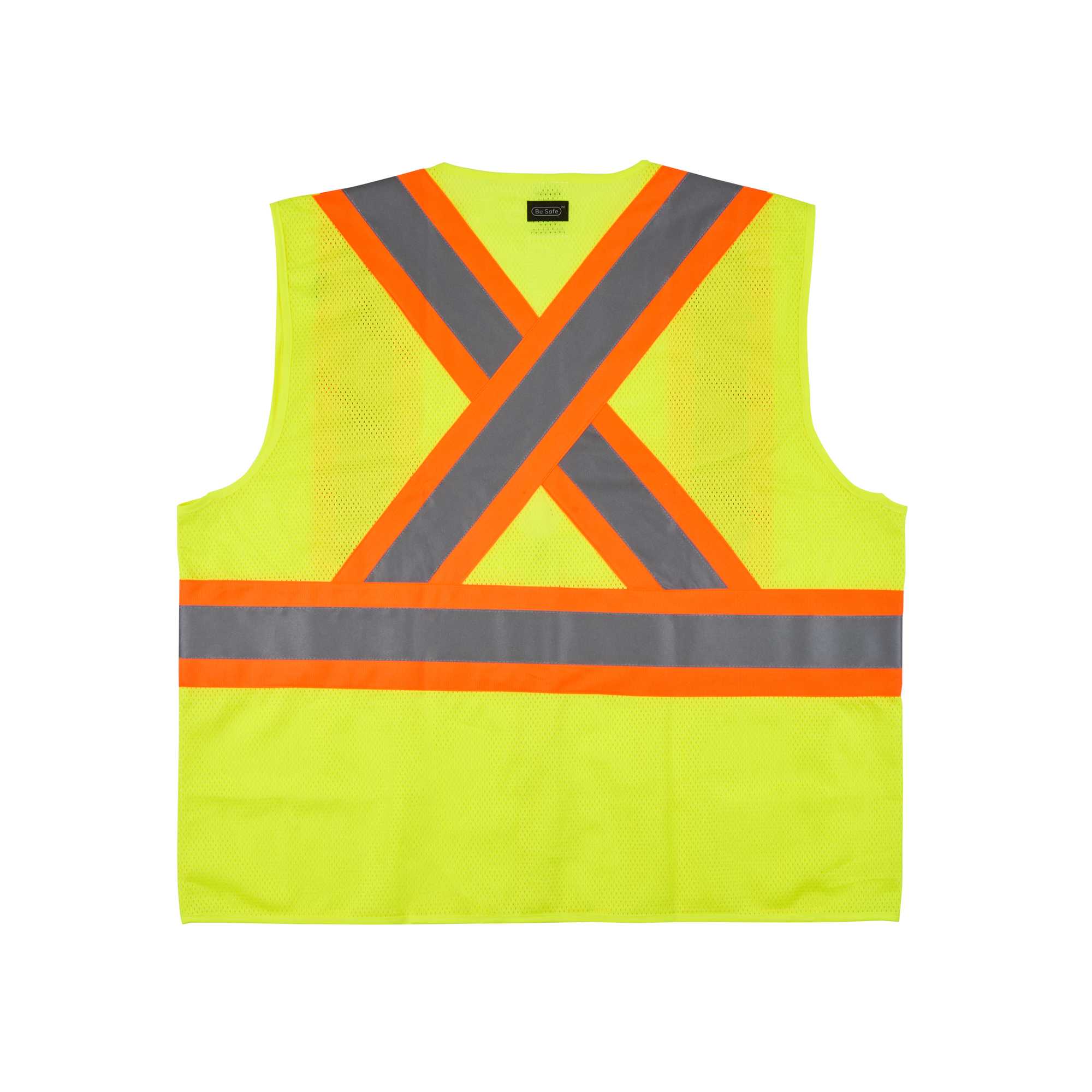Be Safe Type R Class 2 Lime S/M High Visibility X-Back Reflective Tape Mesh Safety Vest - Zipper Closure - 1 count box