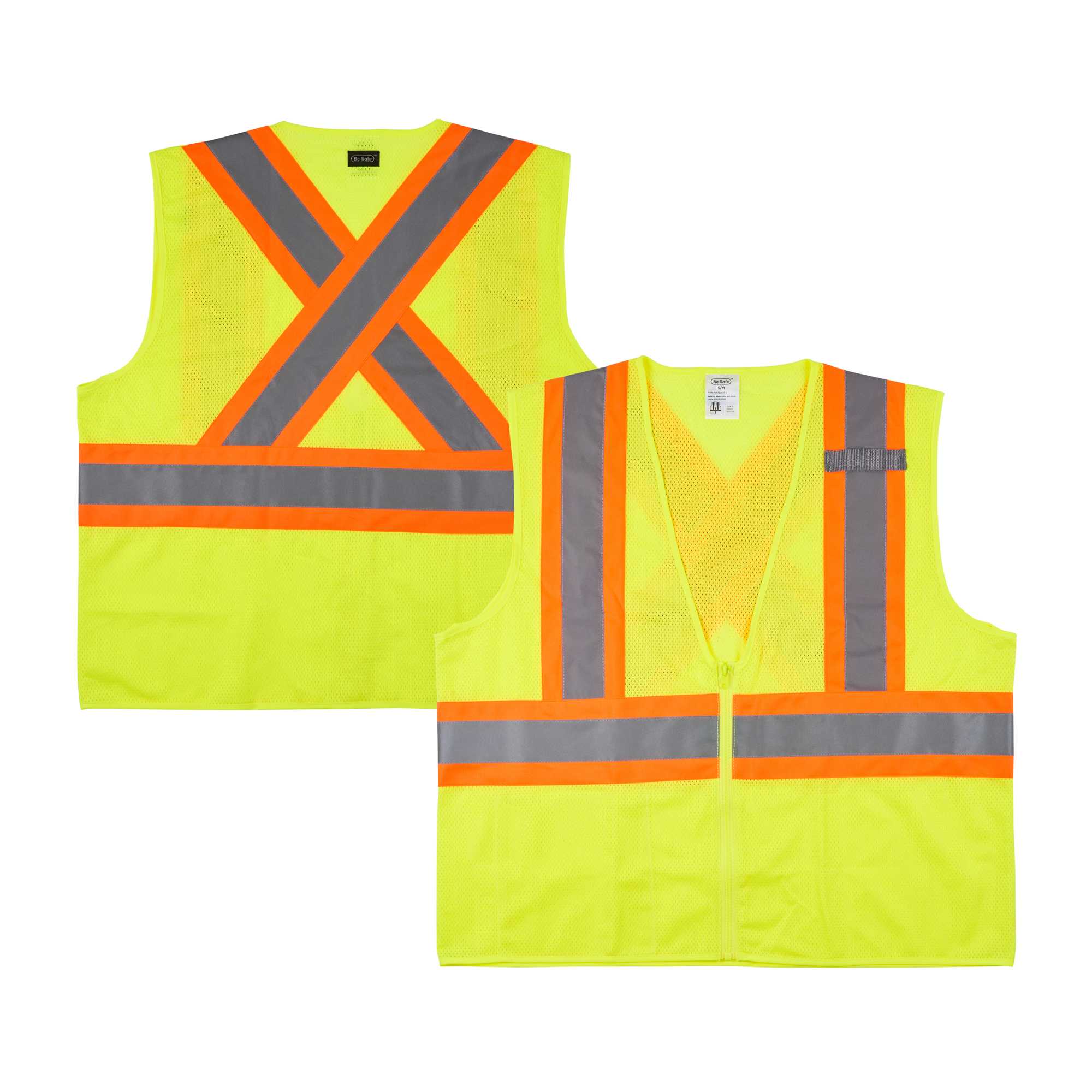 Be Safe Type R Class 2 Lime S/M High Visibility X-Back Reflective Tape Mesh Safety Vest - Zipper Closure - 20 count box