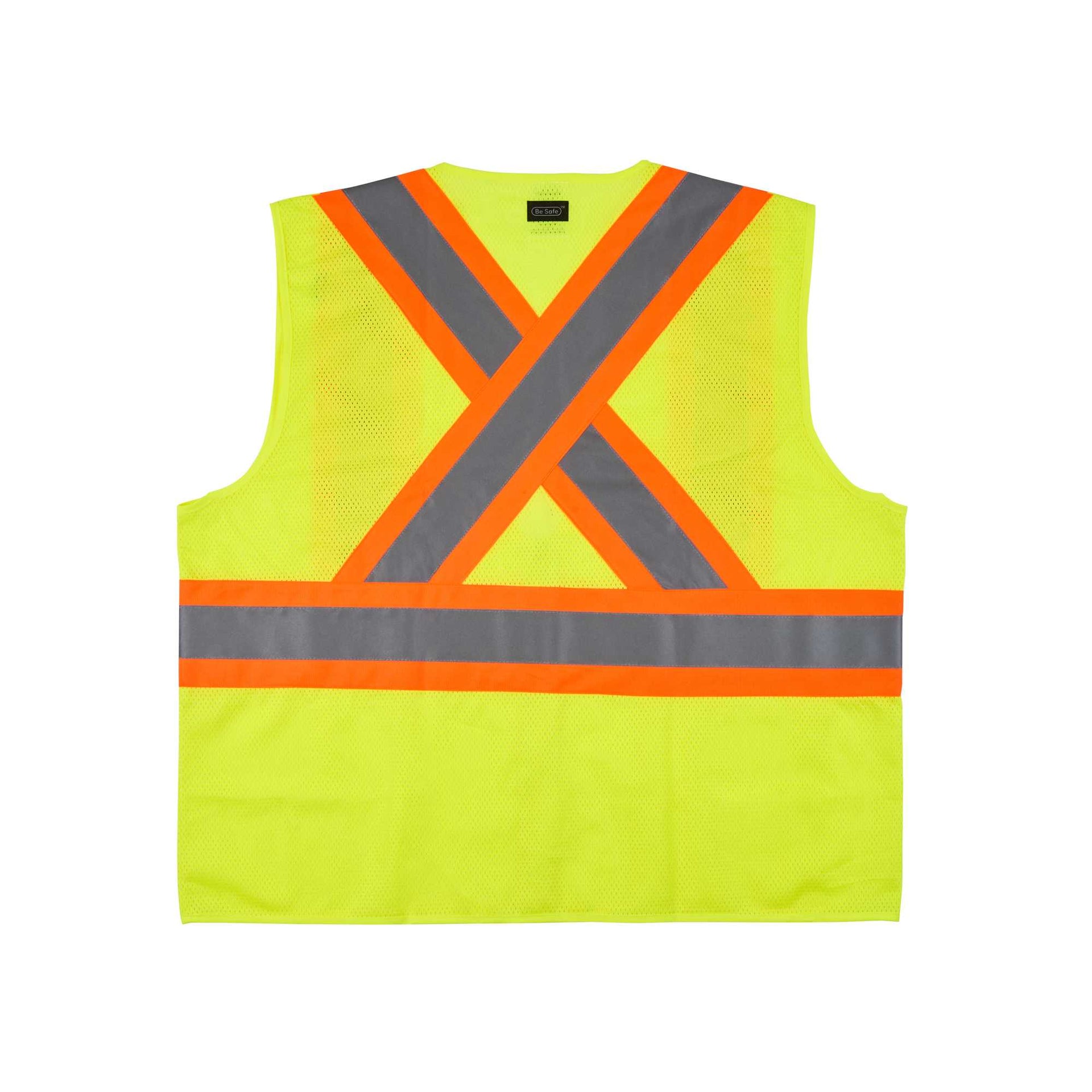 Be Safe Type R Class 2 Lime L/XL High Visibility X-Back Reflective Tape Mesh Safety Vest - Zipper Closure - 1 count box