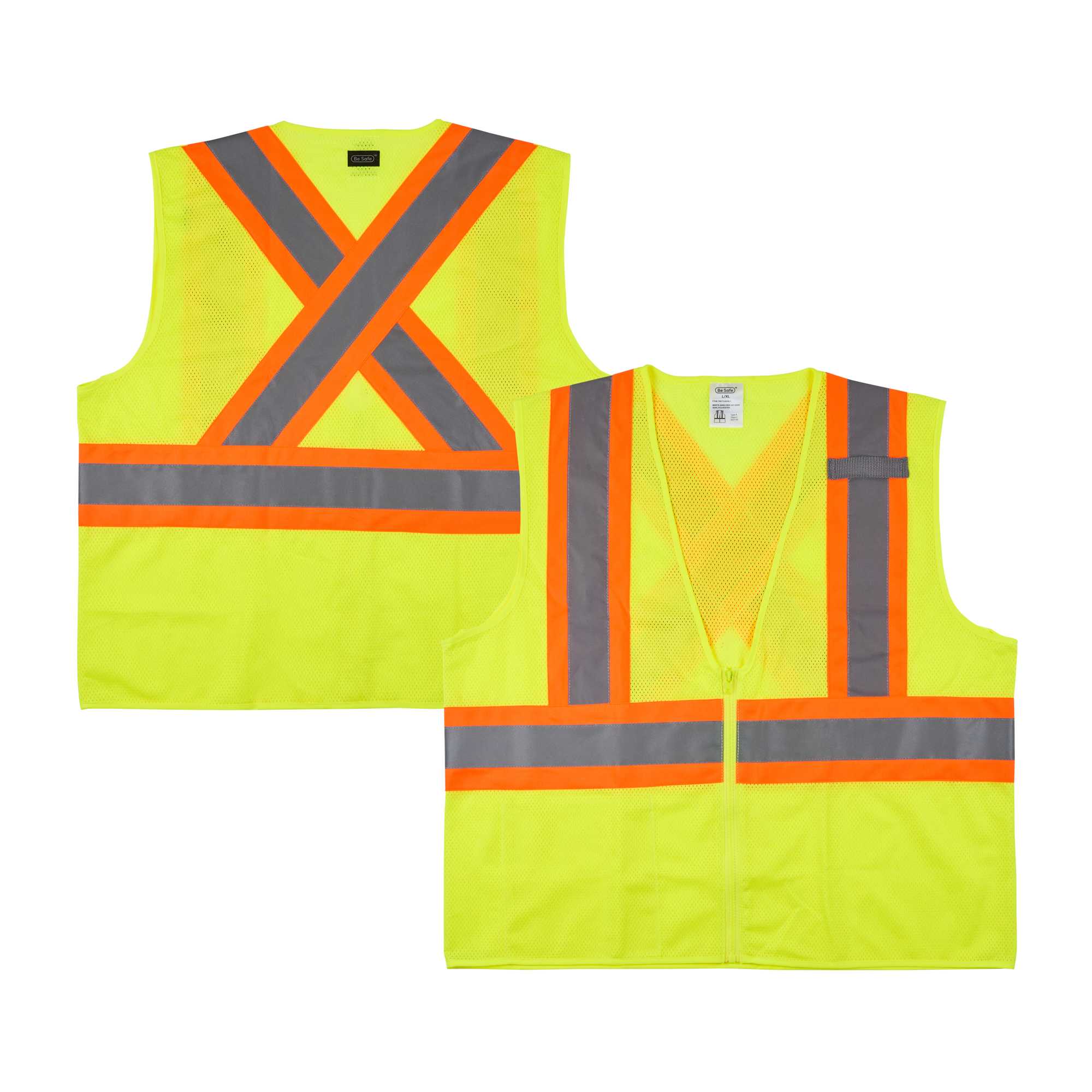 Be Safe Type R Class 2 Lime L/XL High Visibility X-Back Reflective Tape Mesh Safety Vest - Zipper Closure - 20 count box