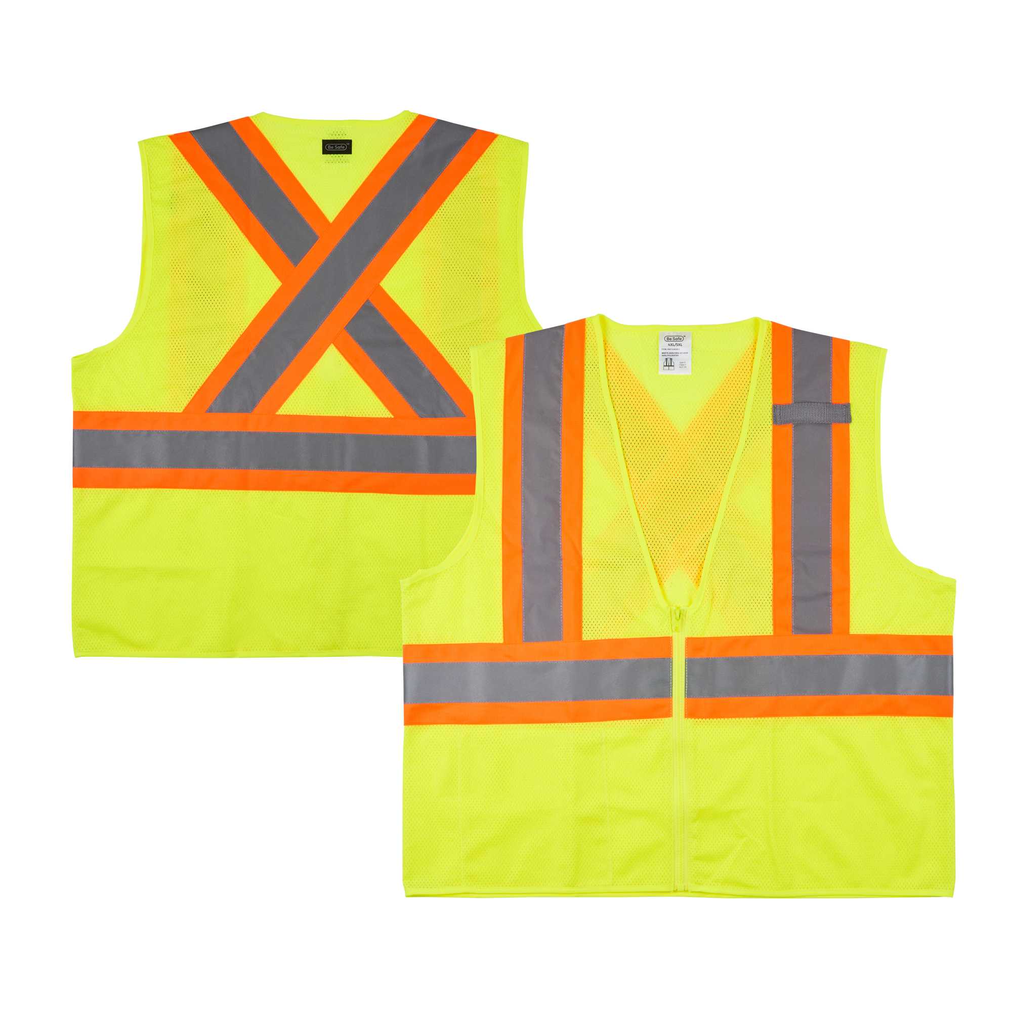 Be Safe Type R Class 2 Lime 4XL/5XL High Visibility X-Back Reflective Tape Mesh Safety Vest - Zipper Closure - 1 count box