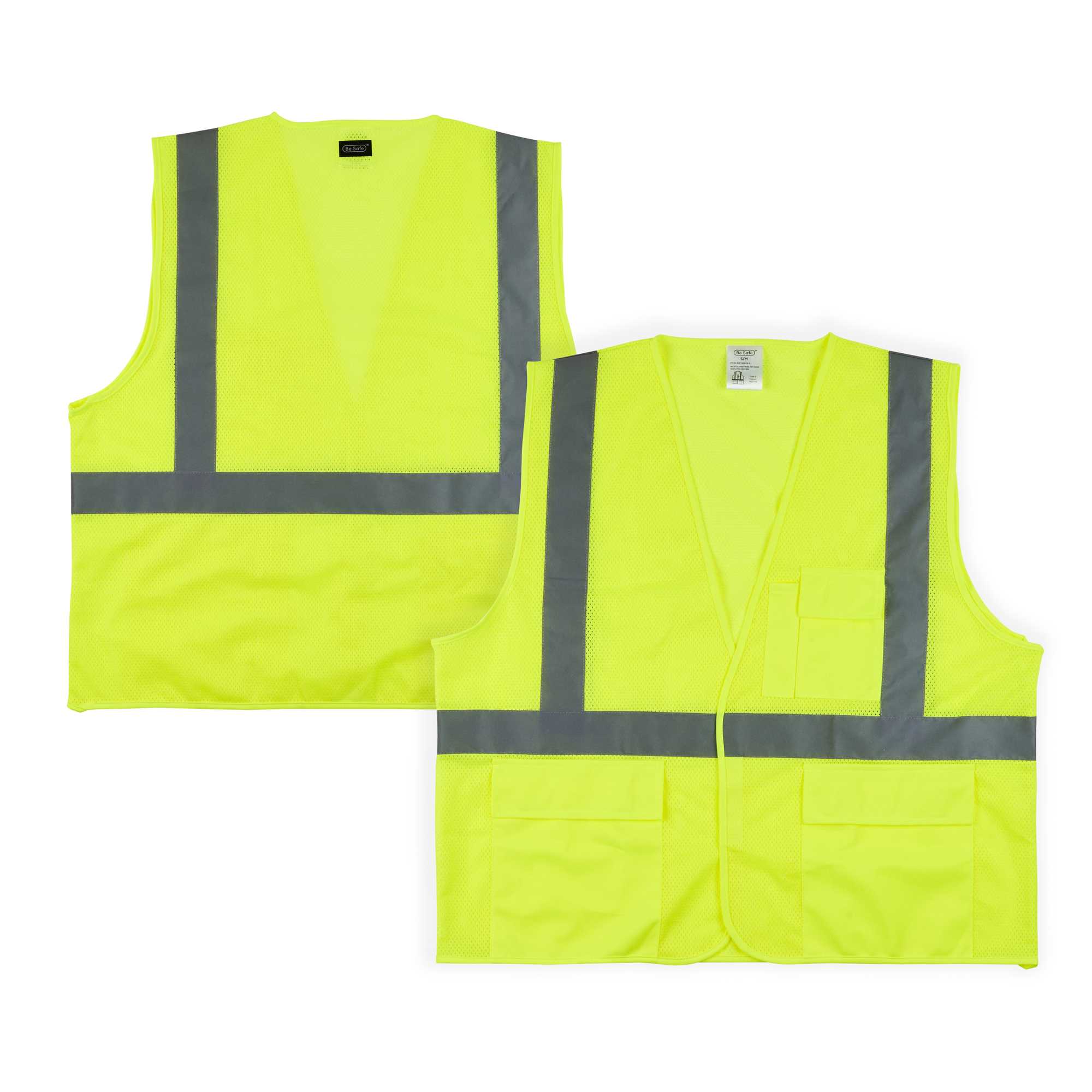 Be Safe Type R Class 2 Lime S/M High Visibility Mesh Safety Vest - Hook/Loop Closure, Reflective Tape - 20 count box