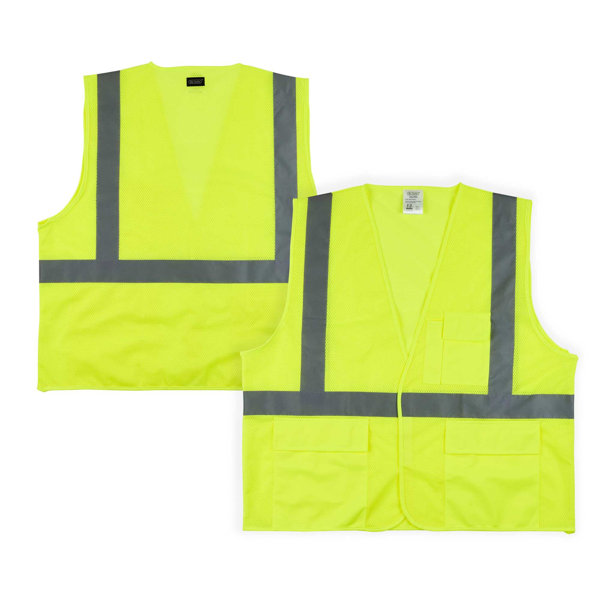 Be Safe Type R Class 2 Lime 2XL/3XL High Visibility Mesh Safety Vest - Hook/Loop Closure, Reflective Tape - 1 count box