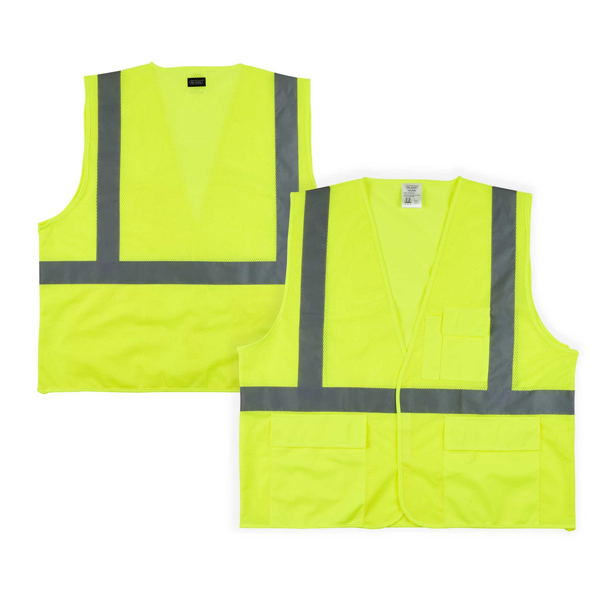 Be Safe Type R Class 2 Lime 4XL/5XL High Visibility Mesh Safety Vest - Hook/Loop Closure, Reflective Tape - 20 count box