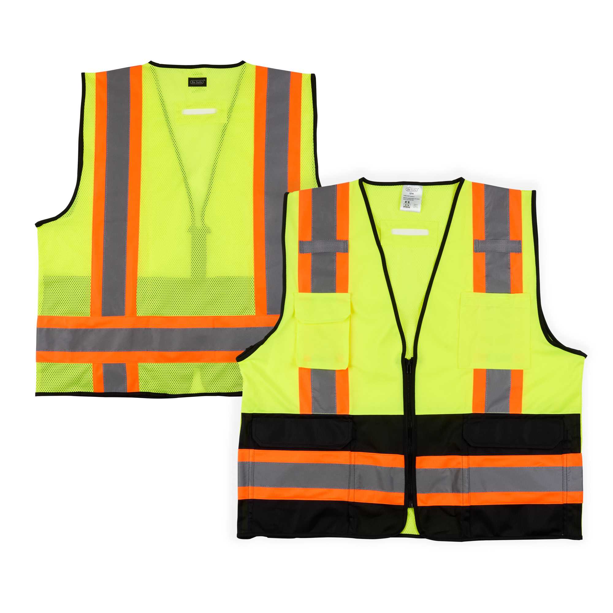 Be Safe Type R Class 2 Lime S/M Deluxe High Visibility Safety Vest - Zipper Closure, Black Panel, Reflective Tape - 1 count box