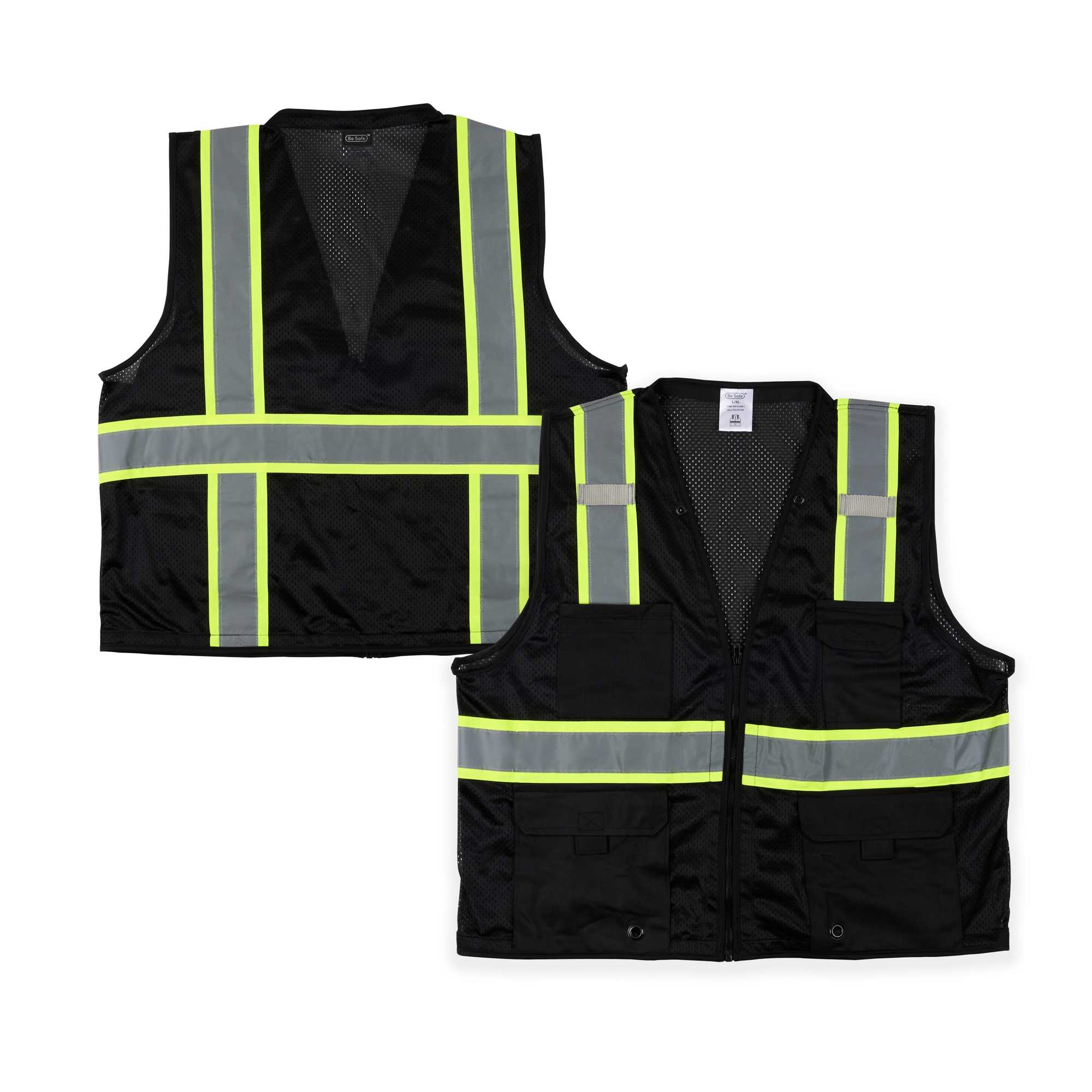 Be Safe Black L/XL High Visibility Mesh Safety Vest - Zipper Closure, Reflective Tape - 20 count box