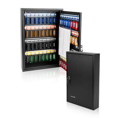 Be Safe Black Steel Wall Mount Key Cabinet Safe - For 64 Keys, with Key Lock, Labeled Shelves and Key Tags - 17 3/4