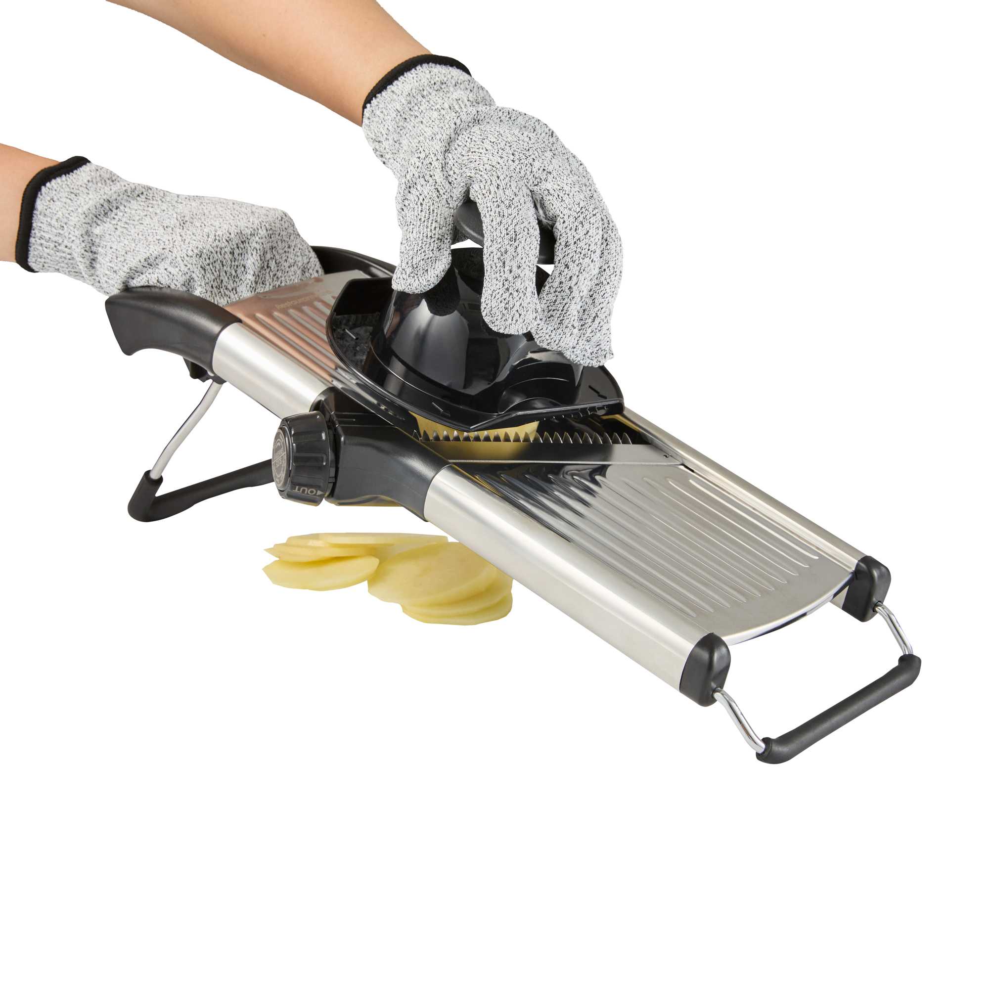 German Standard Stainless Steel Heavy-Duty Adjustable Mandoline Slicer - Cut-Resistant Gloves, Cleaning Brush, Blade Guard - 1 count box