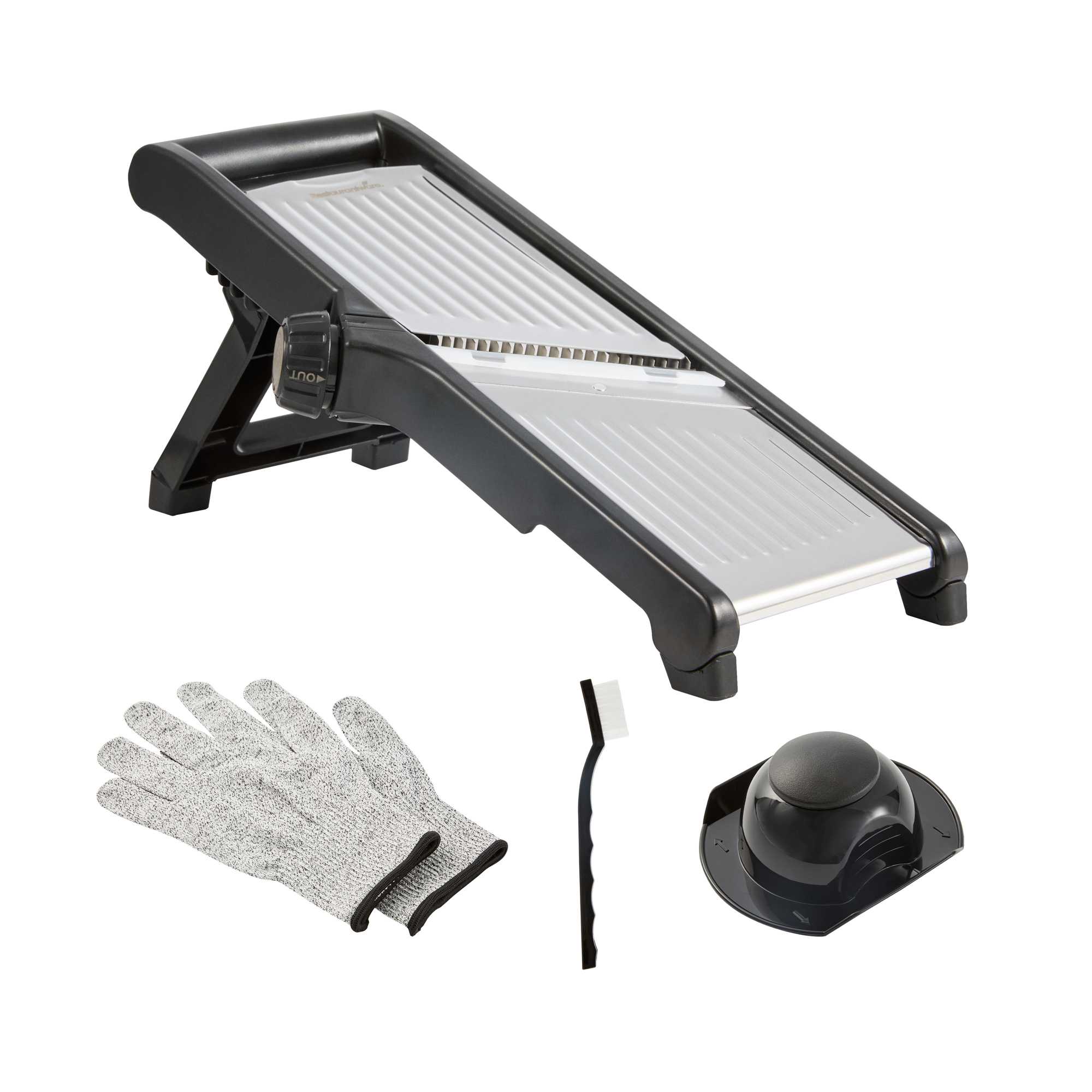 German Standard Stainless Steel Adjustable Mandoline Slicer - Cut-Resistant Gloves, Cleaning Brush, Blade Guard - 1 count box