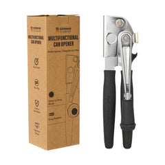 German Standard Black Carbon Steel Handheld Crank Can Opener - Magnetic Lid Lifter, Long Handles - 8 3/4