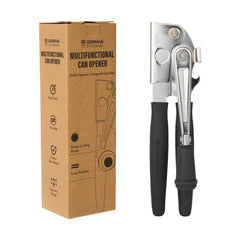 German Standard Black Stainless Steel Handheld Crank Can Opener - Magnetic Lid Lifter, Long Handles - 8 3/4