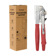 German Standard Red Carbon Steel Handheld Crank Can Opener - Magnetic Lid Lifter, Long Handles - 8 3/4