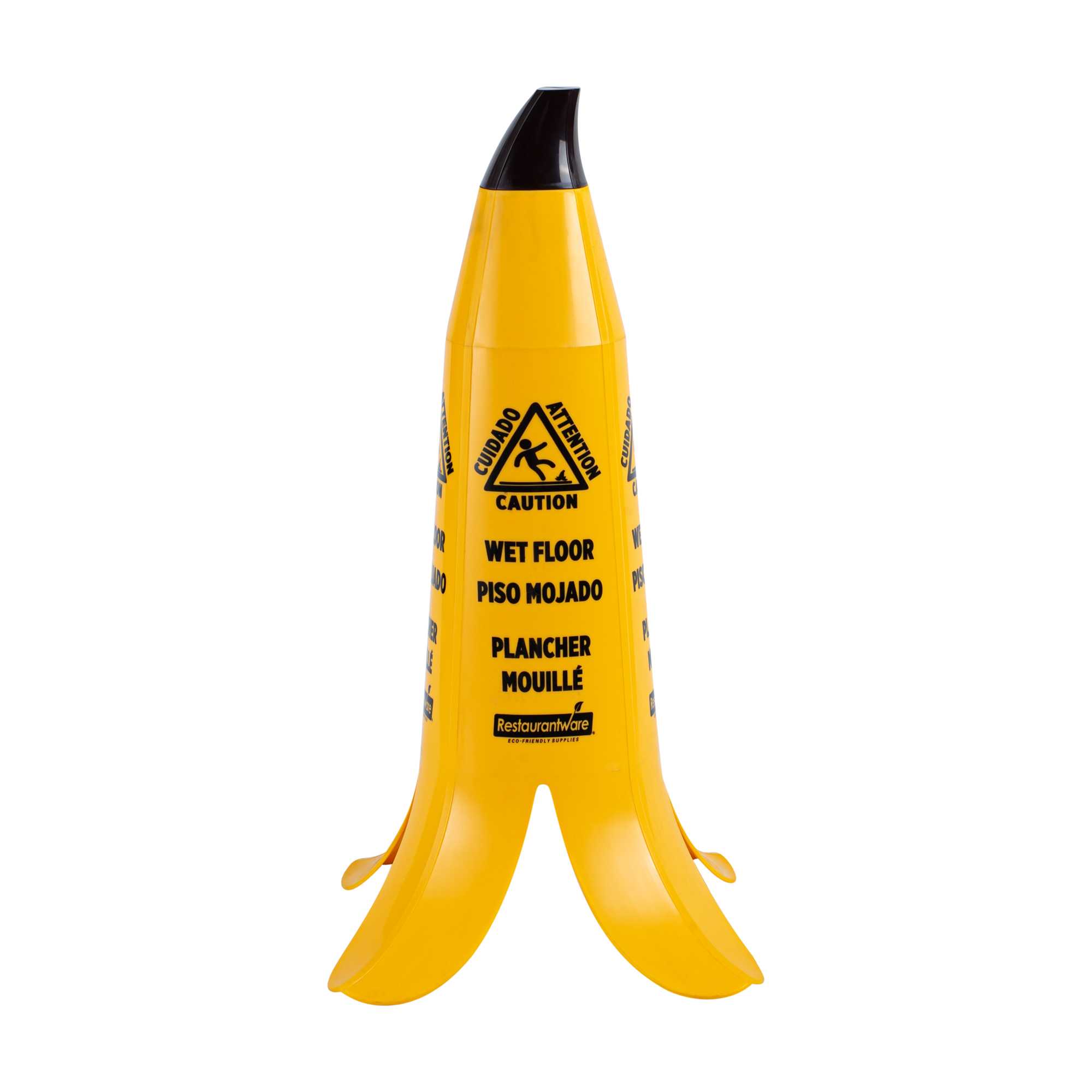 Clean Tek Professional Yellow Plastic Banana Wet Floor Cone - Multilingual, with Brown Stem - 23 1/2" - 1 count box