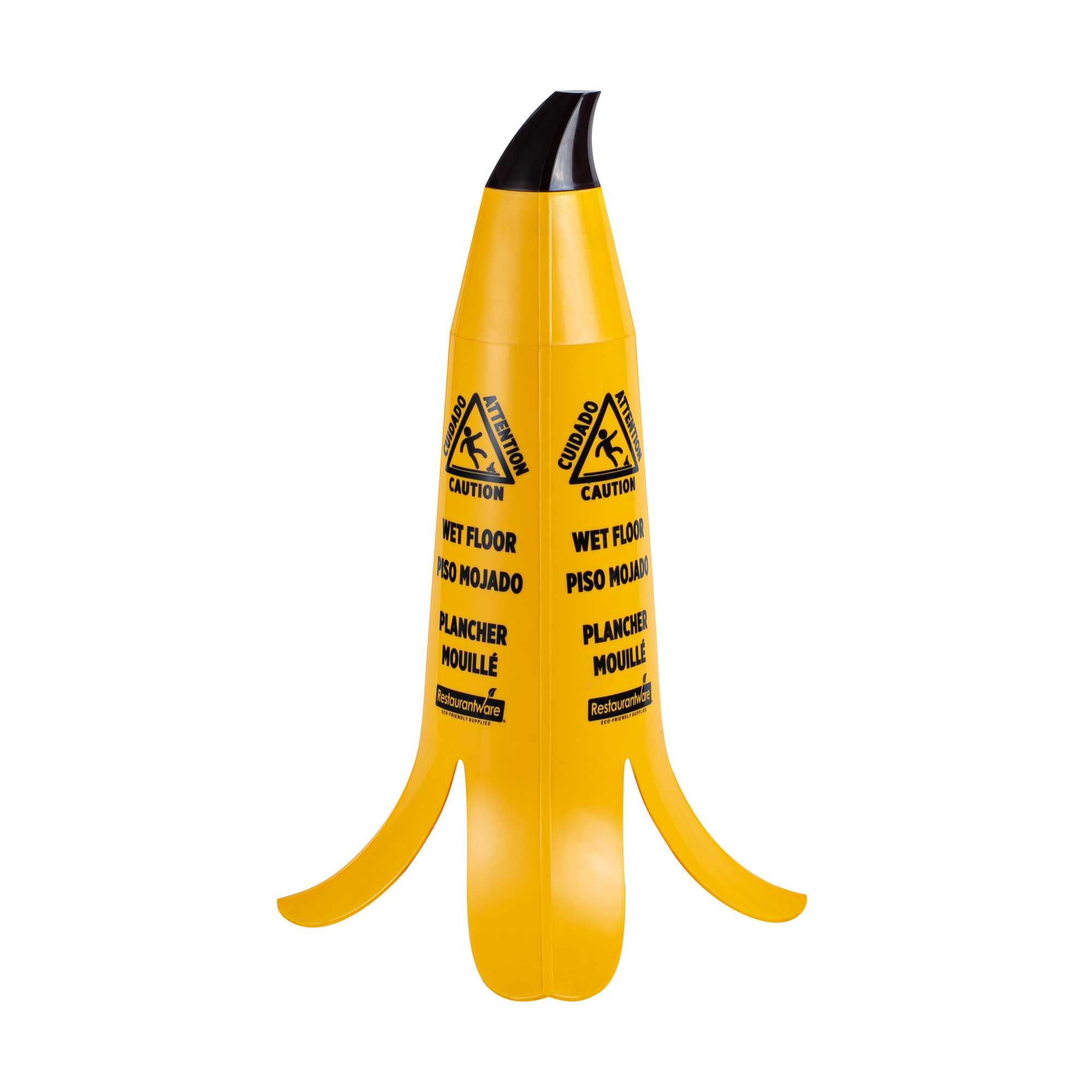Clean Tek Professional Yellow Plastic Banana Wet Floor Cone - Multilingual, with Brown Stem - 23 1/2" - 1 count box