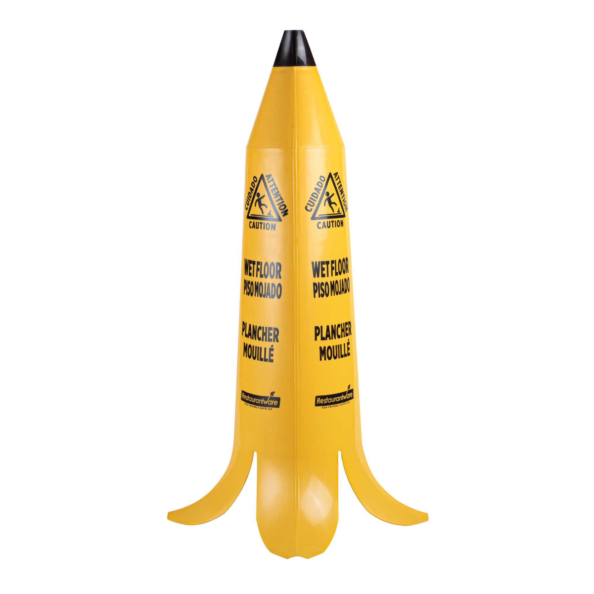 Clean Tek Professional Yellow Plastic Banana Wet Floor Cone - Multilingual, with Brown Stem - 35 1/2" - 5 count box