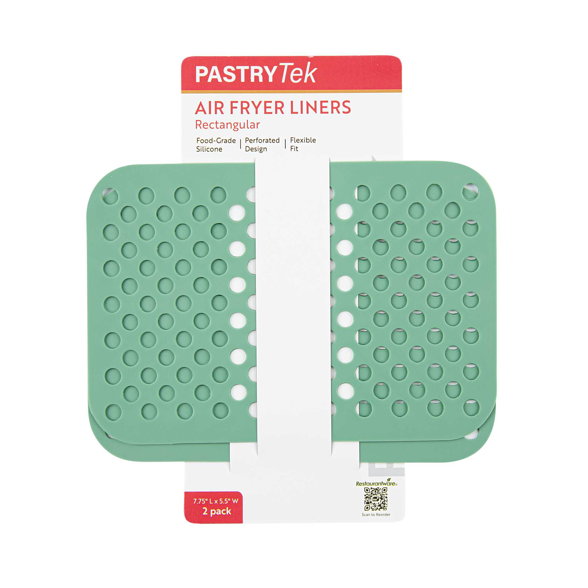 Pastry Tek Rectangle Green Reusable Silicone Air Fryer Liner - Non-Stick, For Dual Basket, 3 to 5 qt - 7 3/4" x 5 1/2" - 2 count box